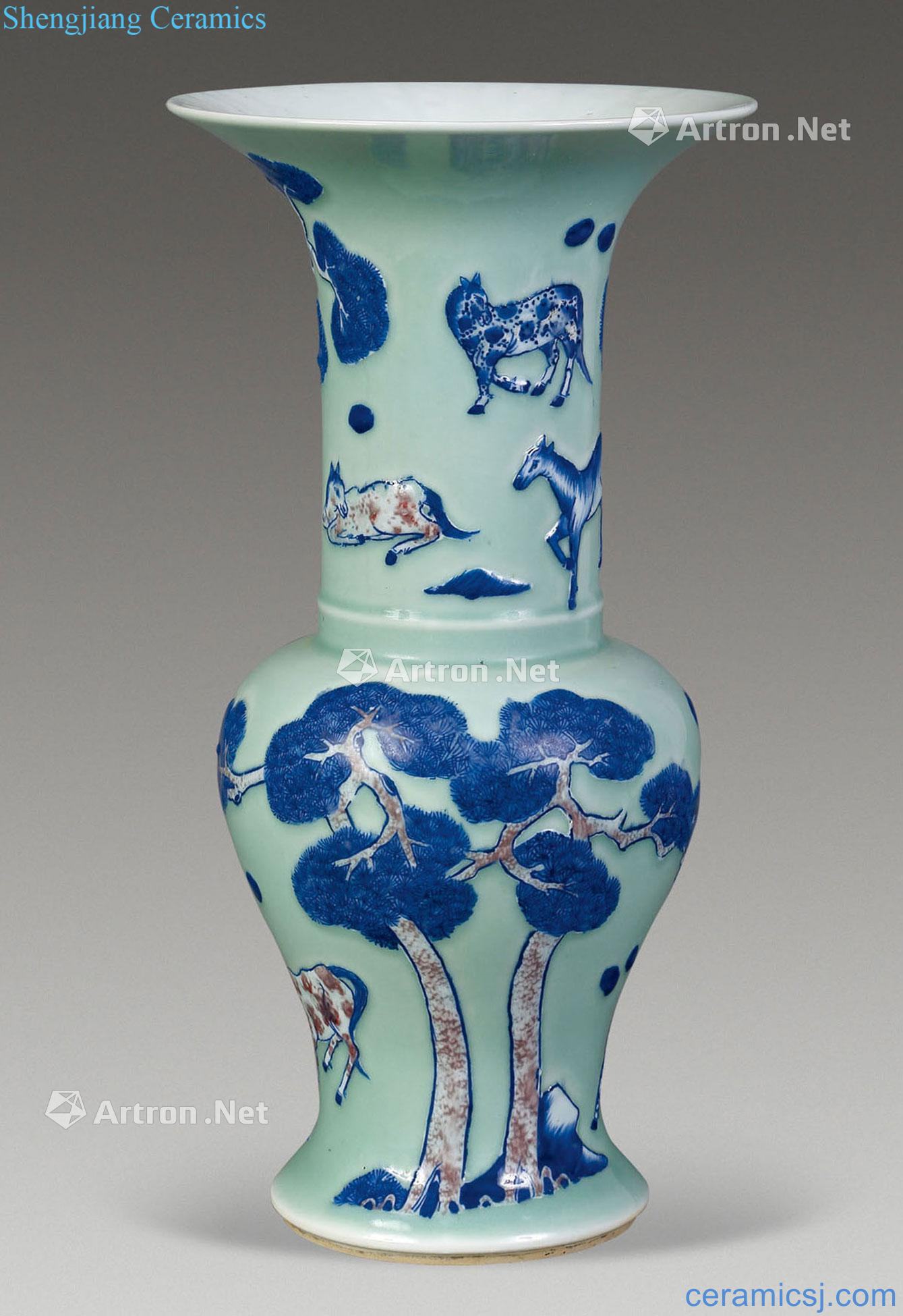 qing Pea green blue youligong eight jun vase with flowers