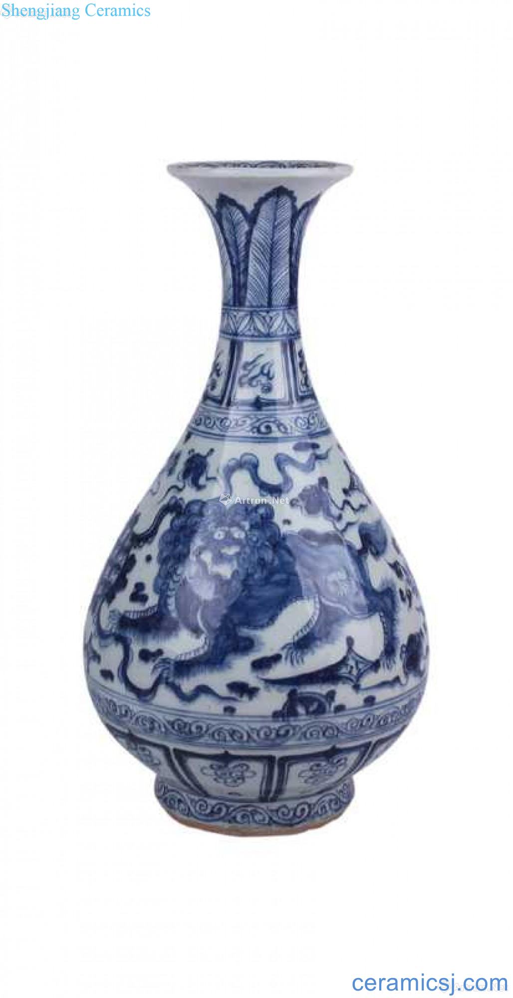 Blue and white in print double lion roll silk okho spring bottle