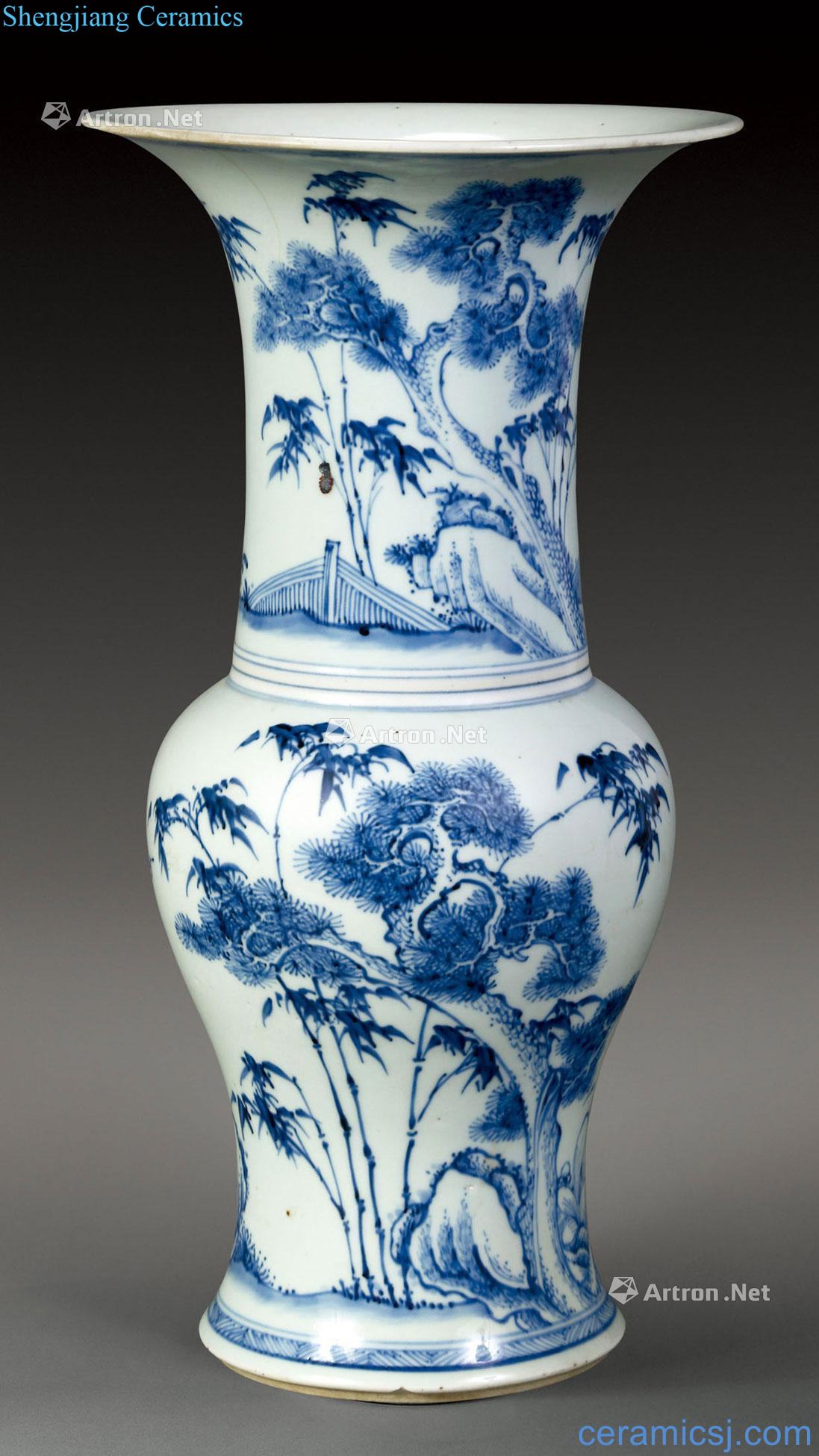 qing Blue and white shochiku plum flower vase with