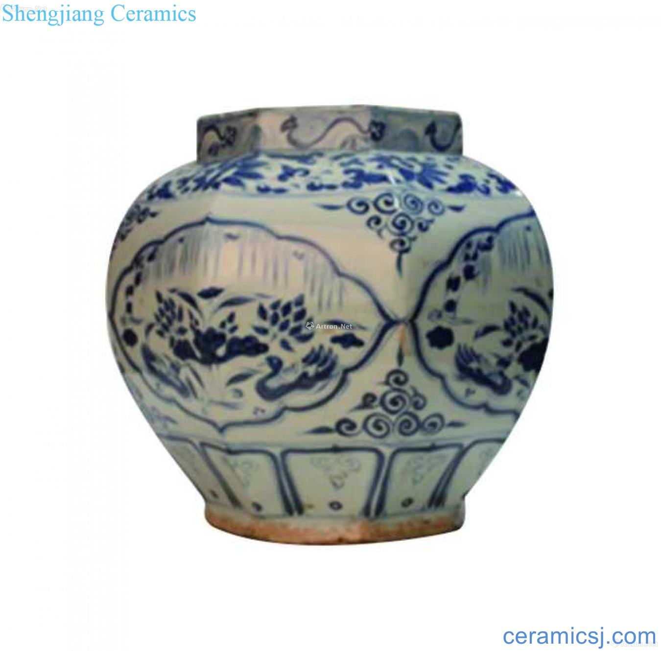 Blue and white eight arrises medallion lotus yuanyang decorative cans