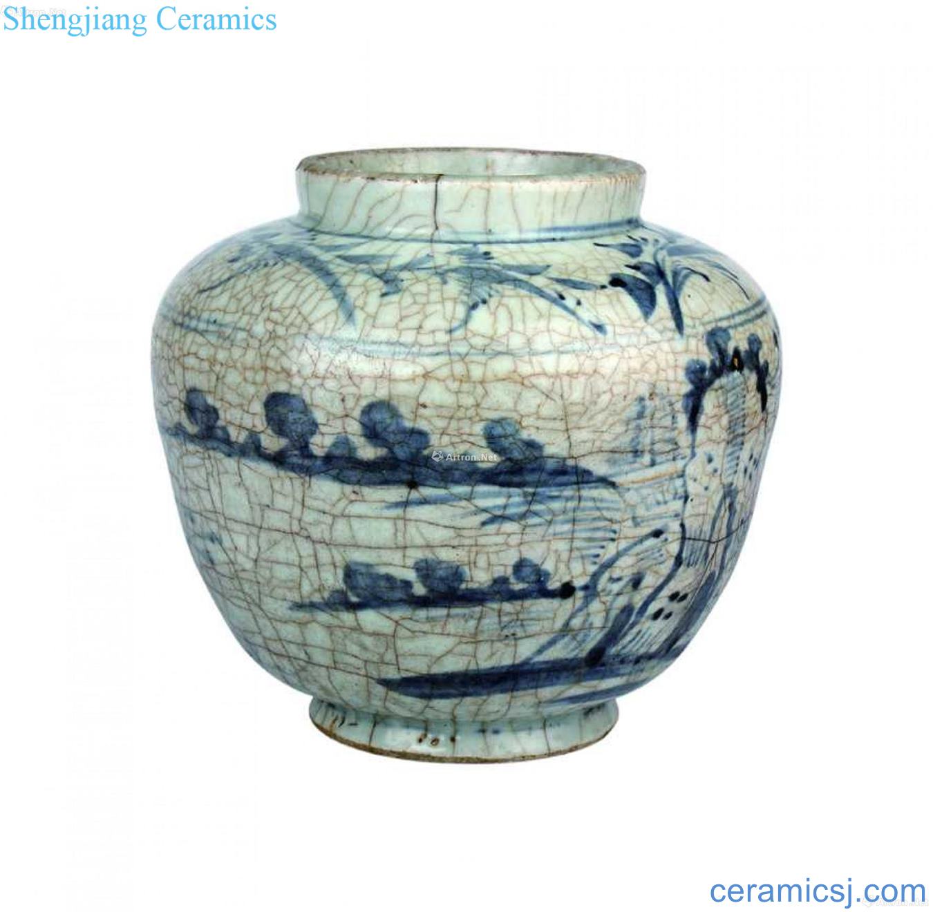 Elder brother kiln of blue and white landscape pattern cans