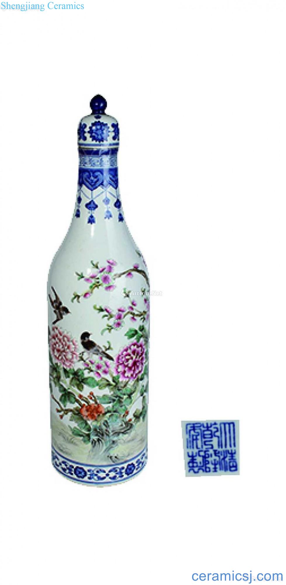 Blue and white powder enamel long neck bottle