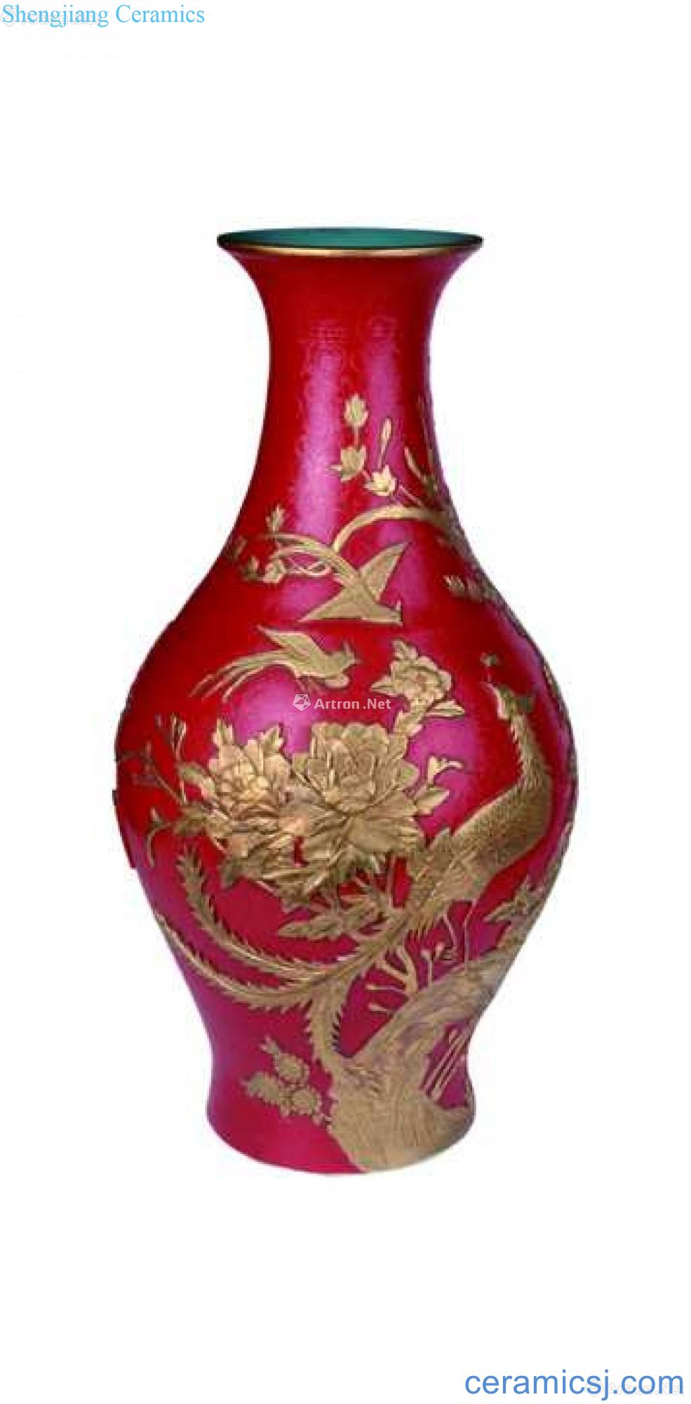 Rolling way red glaze colour painting of flowers and grain olive bottle
