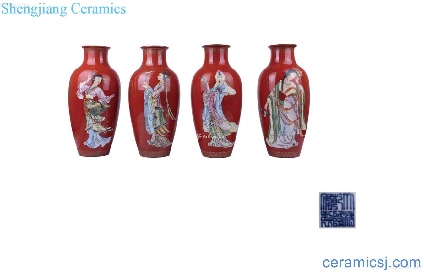 Carmine red glaze four big beauty diagram goddess of mercy bottle