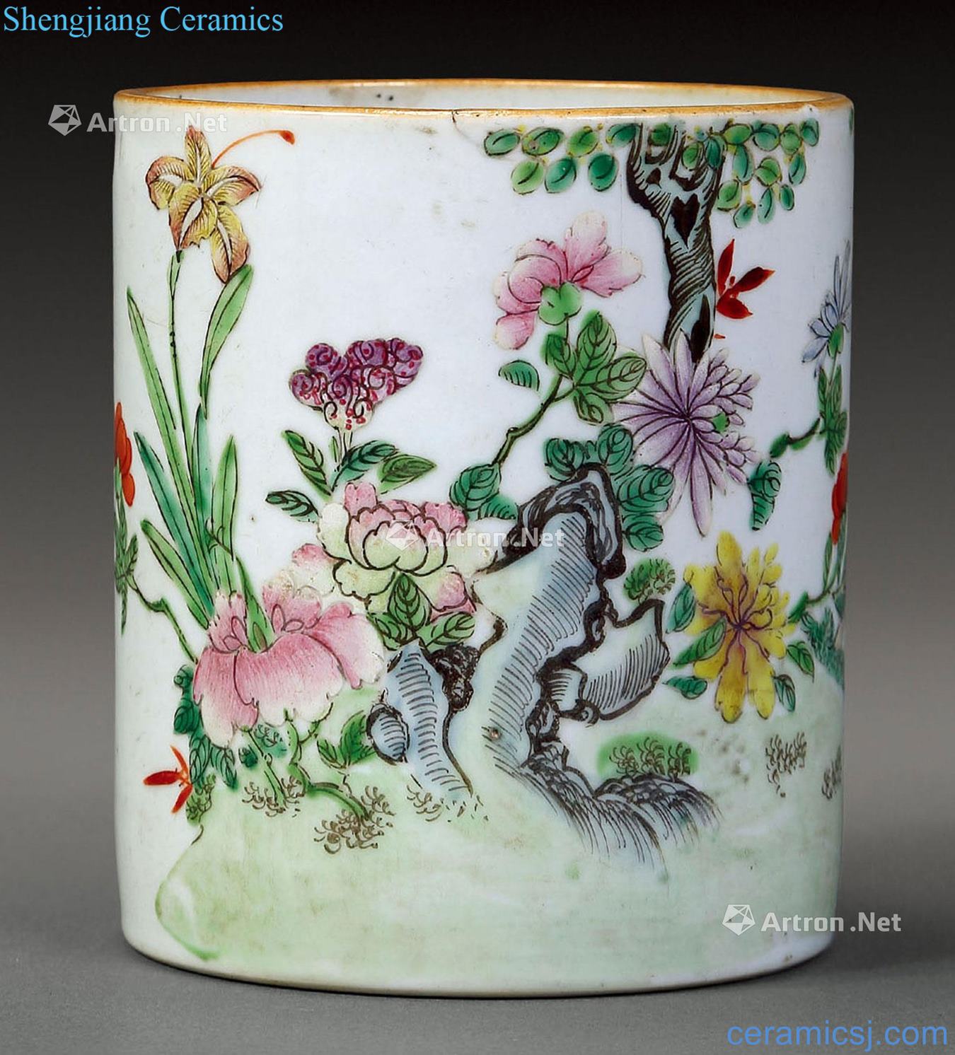 Qing qianlong pastel orchids brush pot