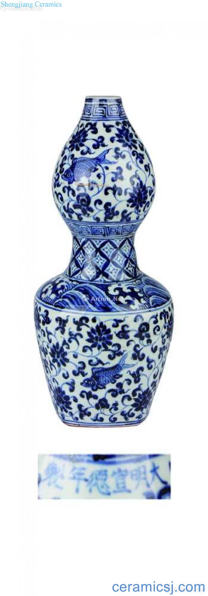 Blue and white branches water-wave waist gourd bottle