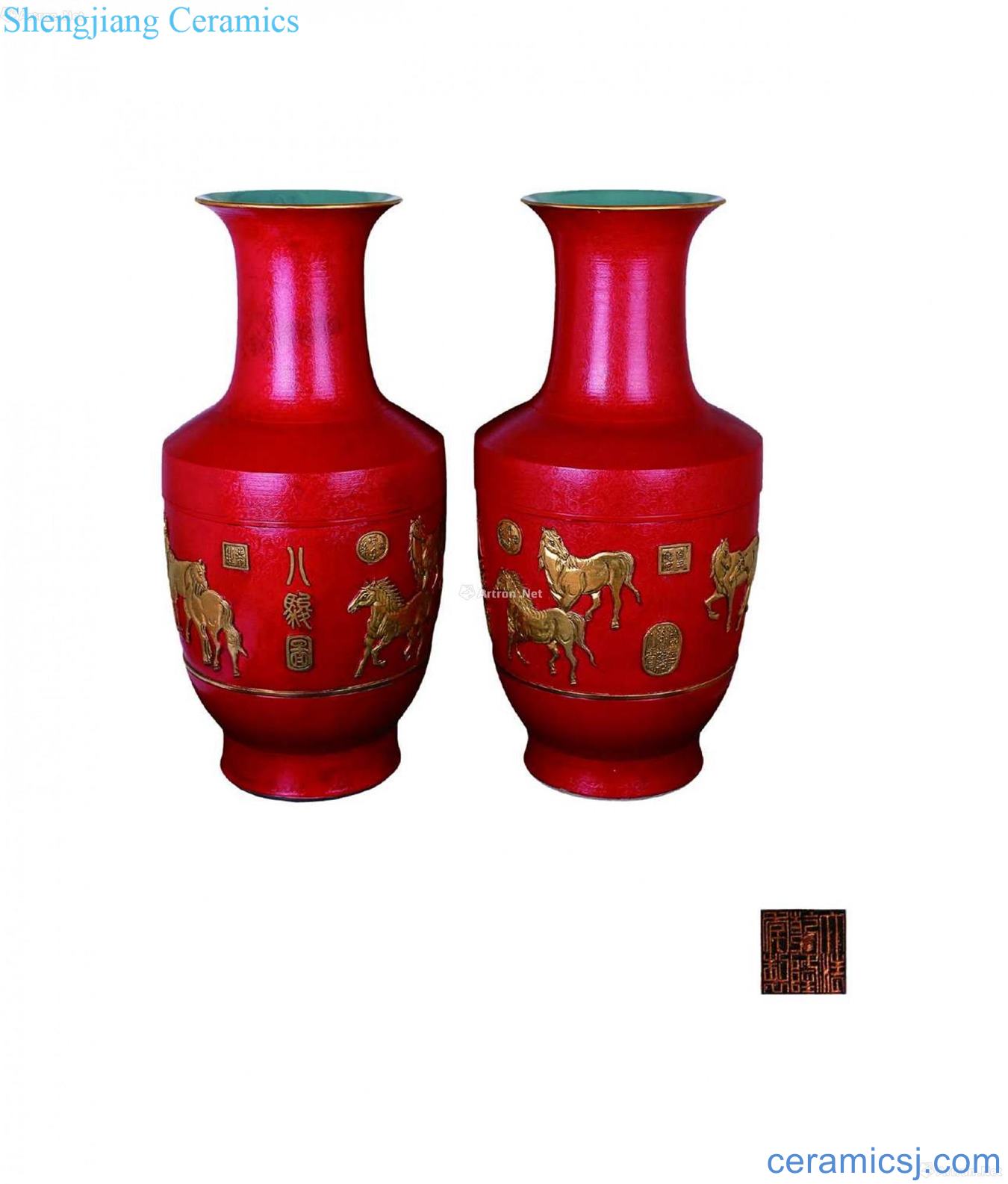 Rolling way red glaze colour carved 8 figure mouth bottle