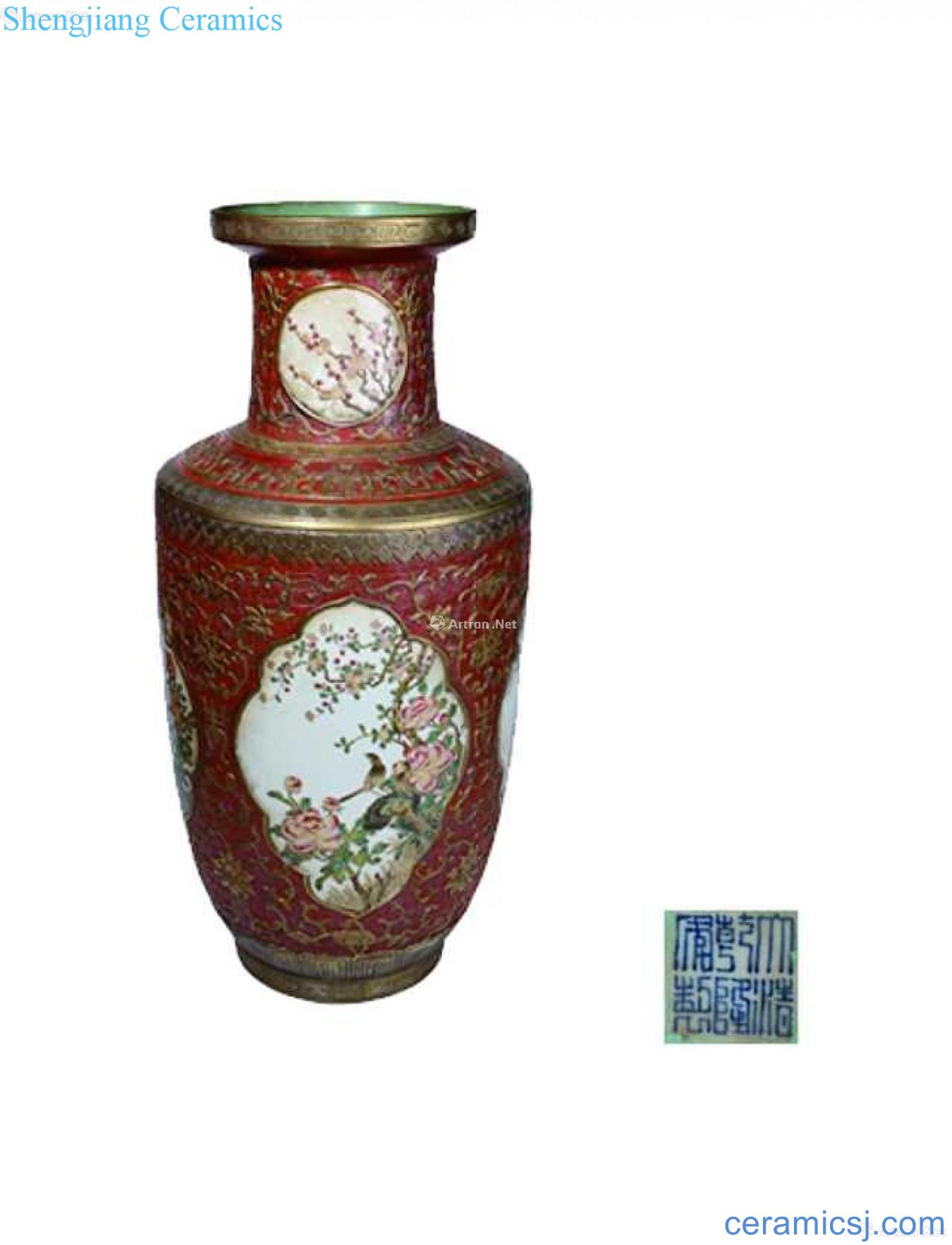 Red jacquard decorative wooden stick bottle colour medallion and flowers and birds