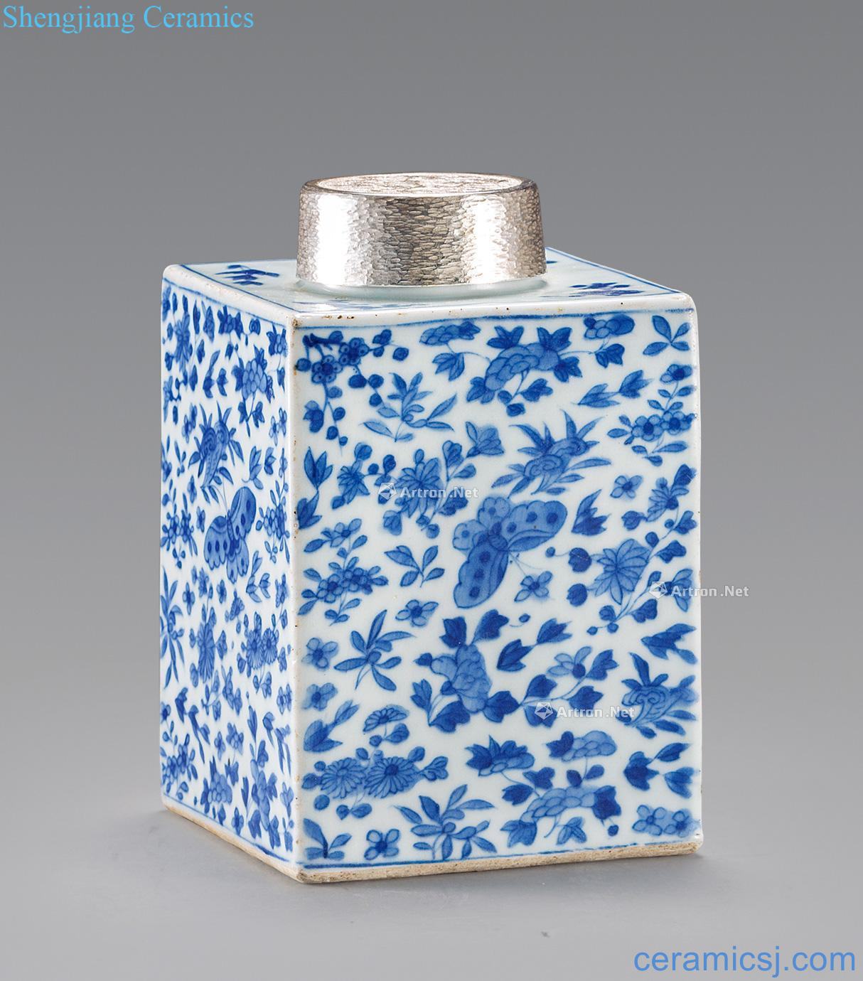 Qing dynasty blue and white flower grain caddy