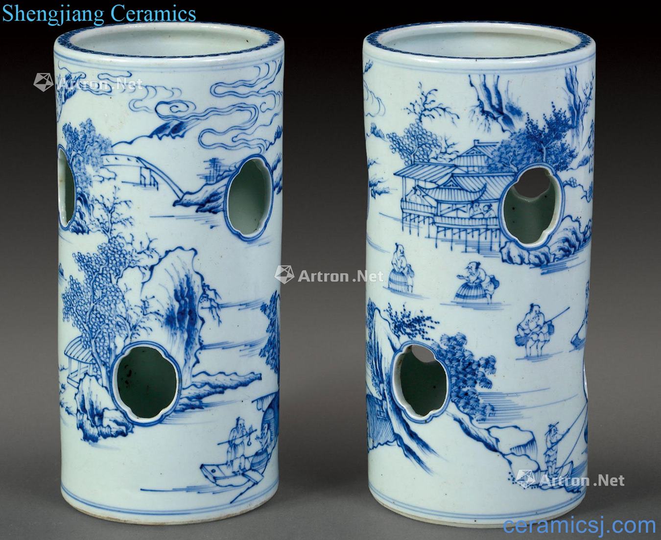 qing Blue and white landscape character cap tube (2 pieces)