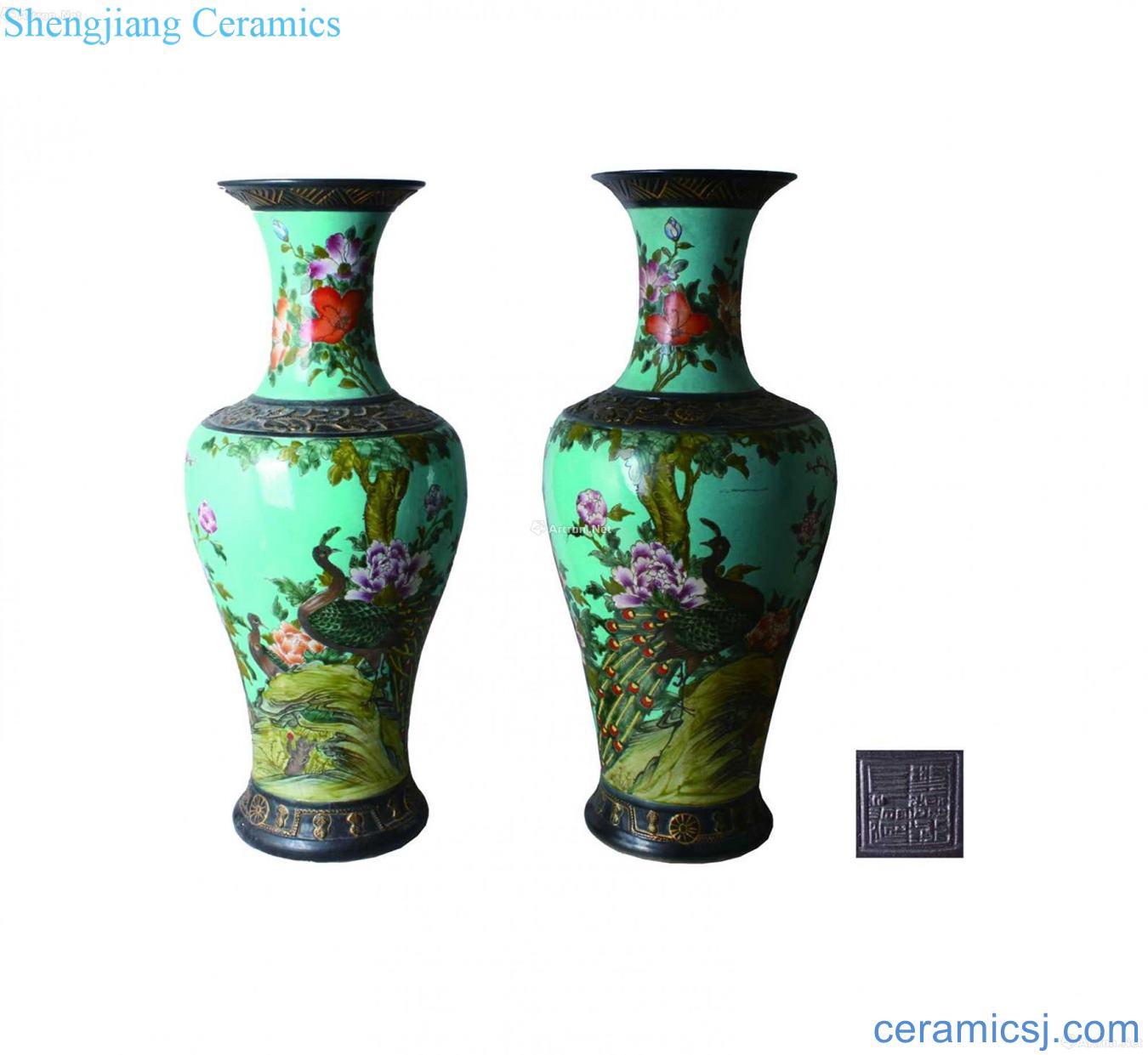 Long green glaze painting of flowers and a bottle mouth