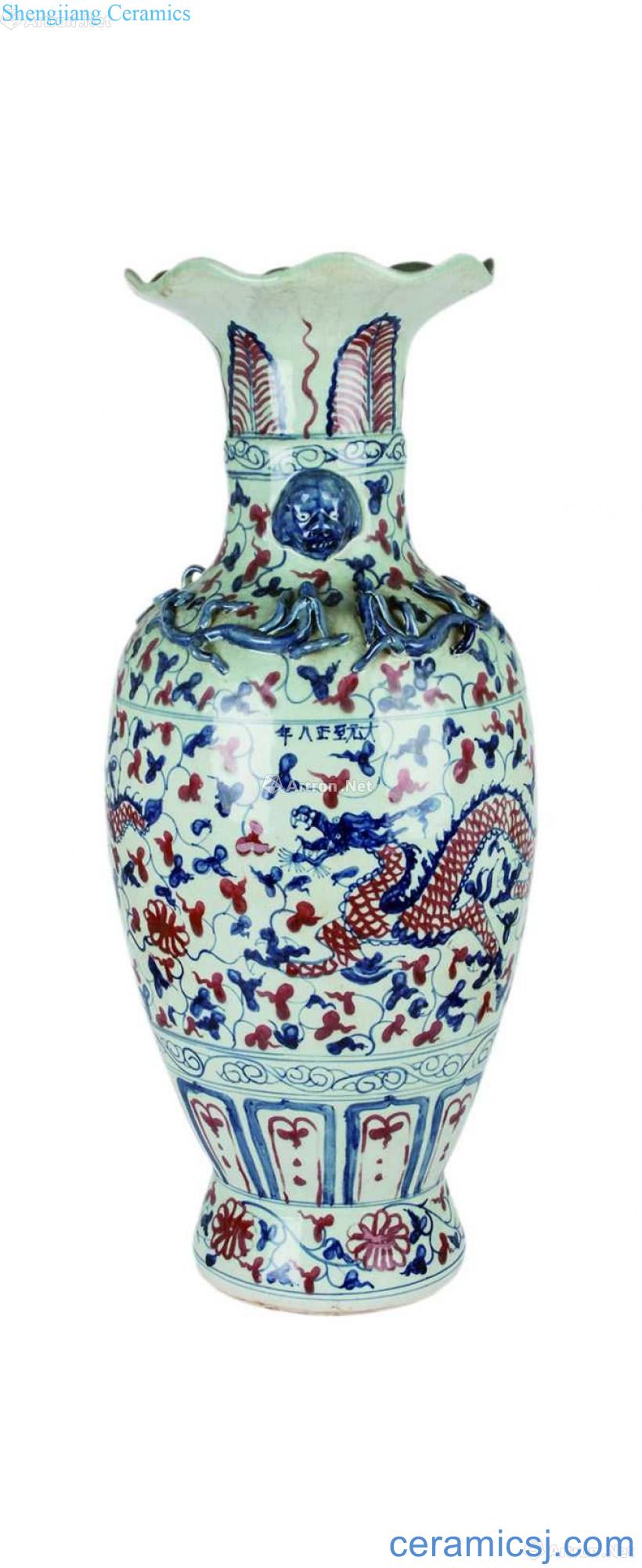 Blue and white youligong wear pattern of plastic flower bottle mouth red dragon