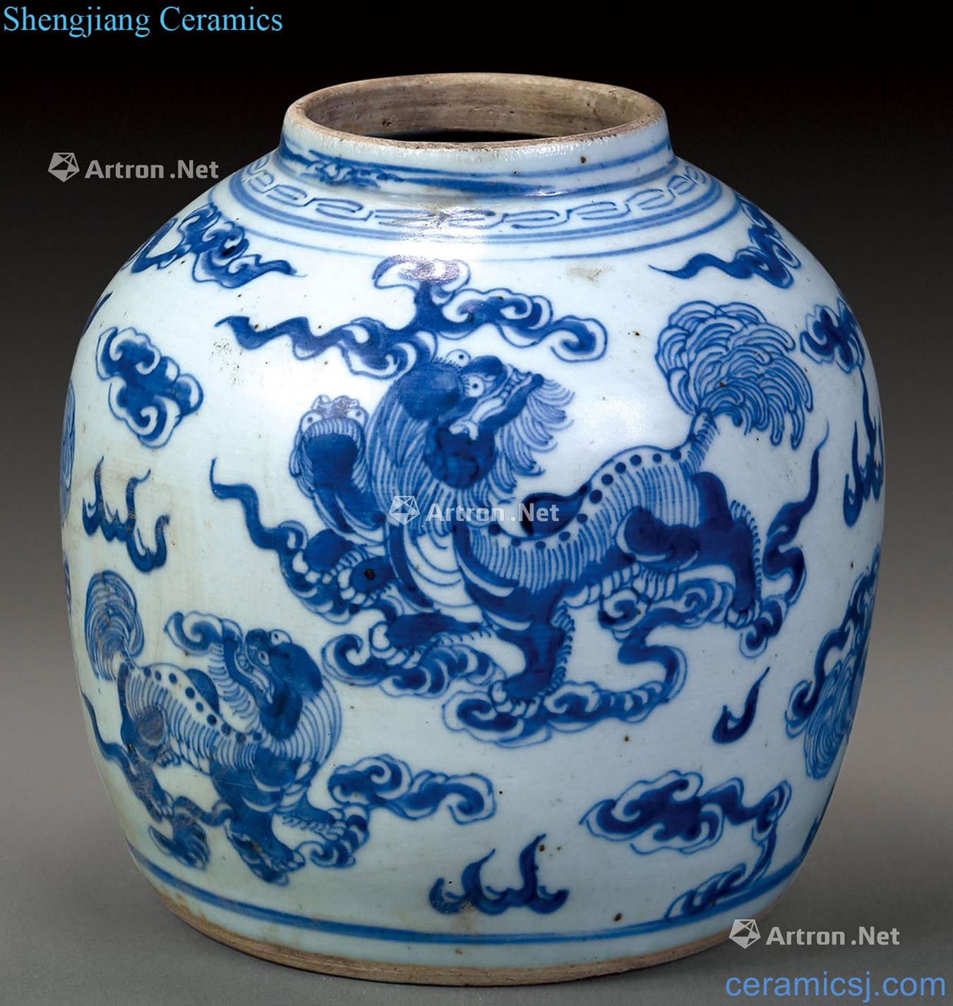 Mid qing Blue and white lion grain tank