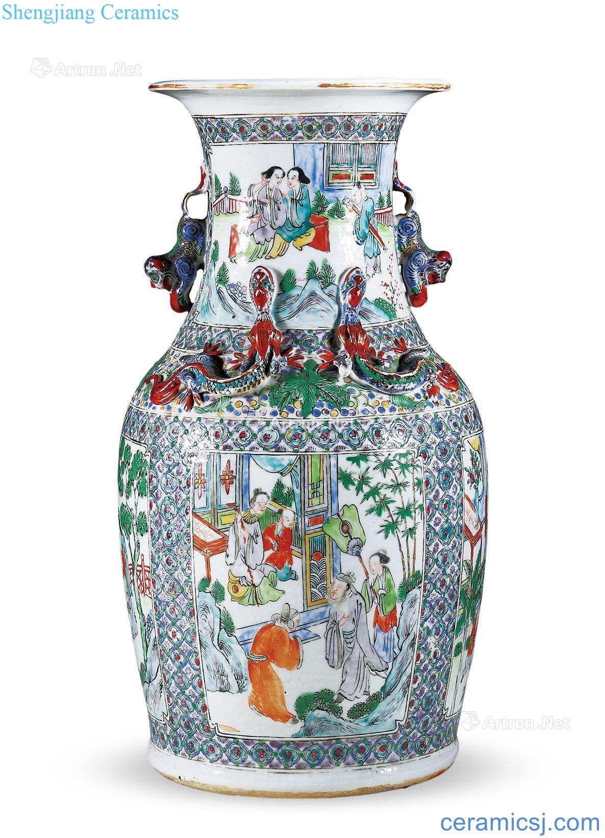 Qing flower bottle mouth colorful medallion characters
