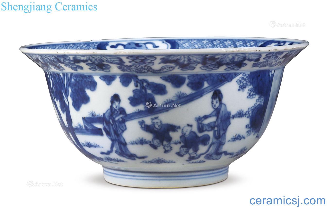The qing emperor kangxi Blue and white traditional Chinese grain fold along the bowl