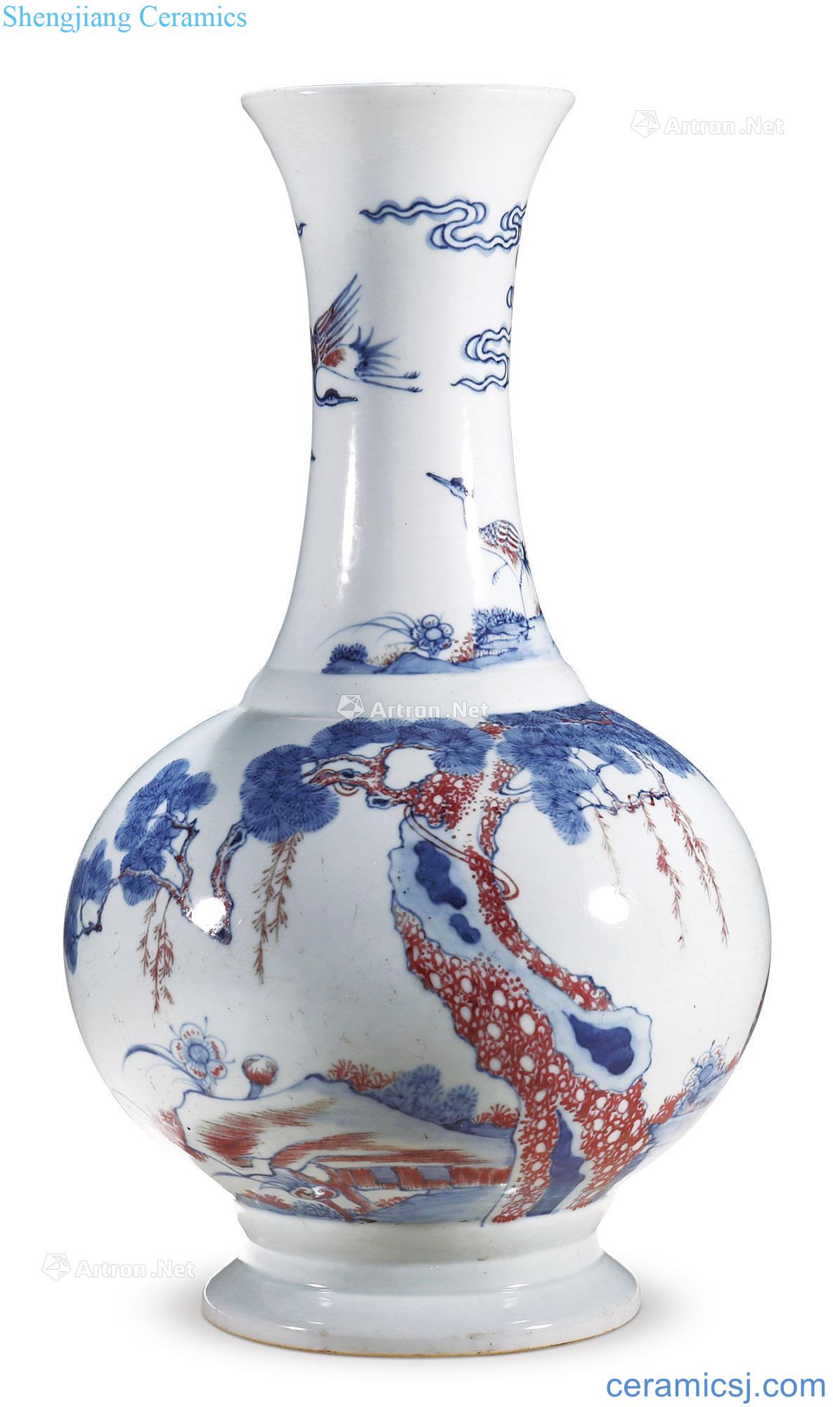 Qing dynasty blue-and-white youligong Korean pine crane live of the reward bottle