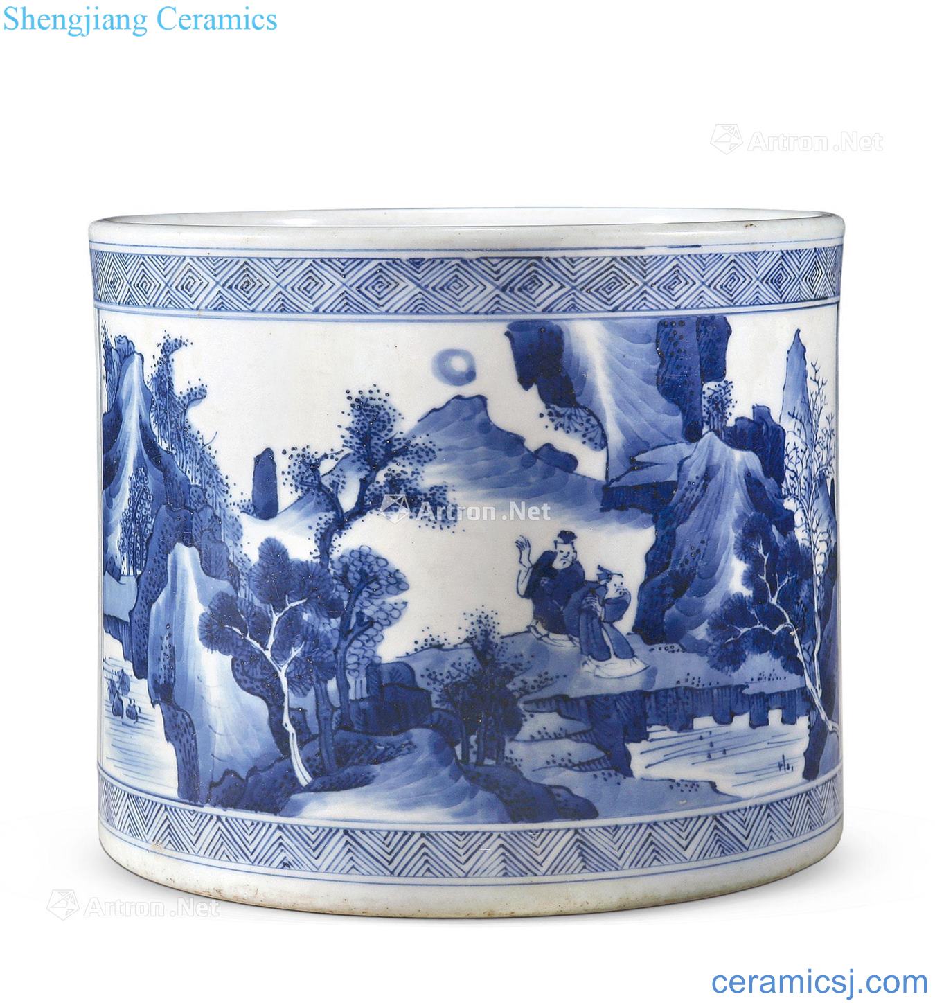 qing Blue and white landscape character brush pot