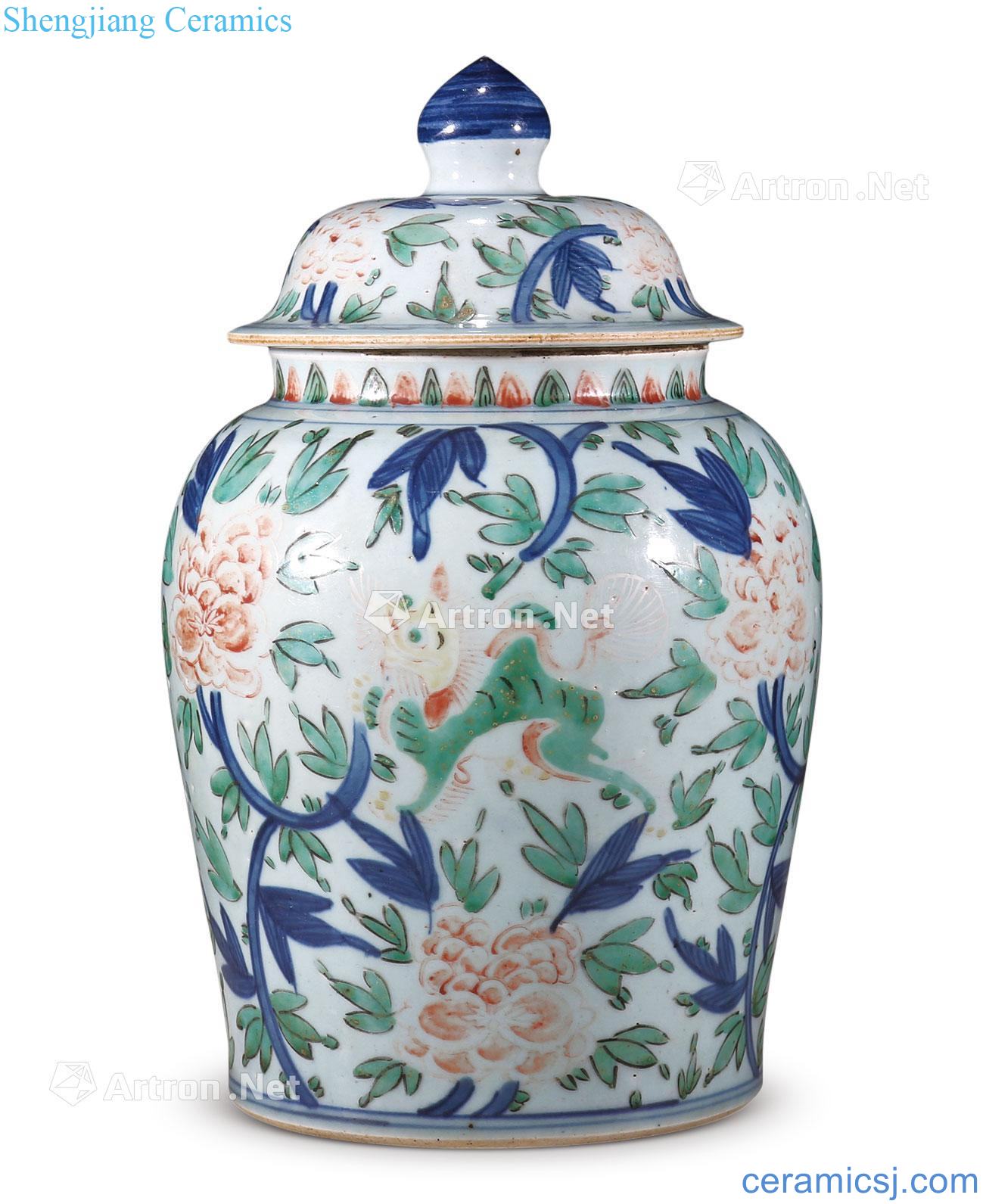 Qing shunzhi Blue and white color lion wearing flower general tank