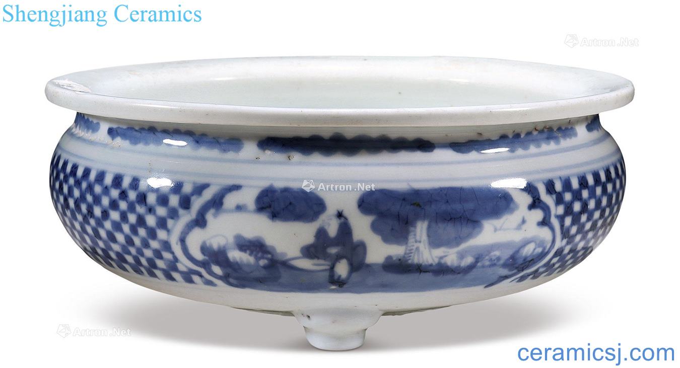 The qing emperor kangxi Blue and white landscape character incense burner
