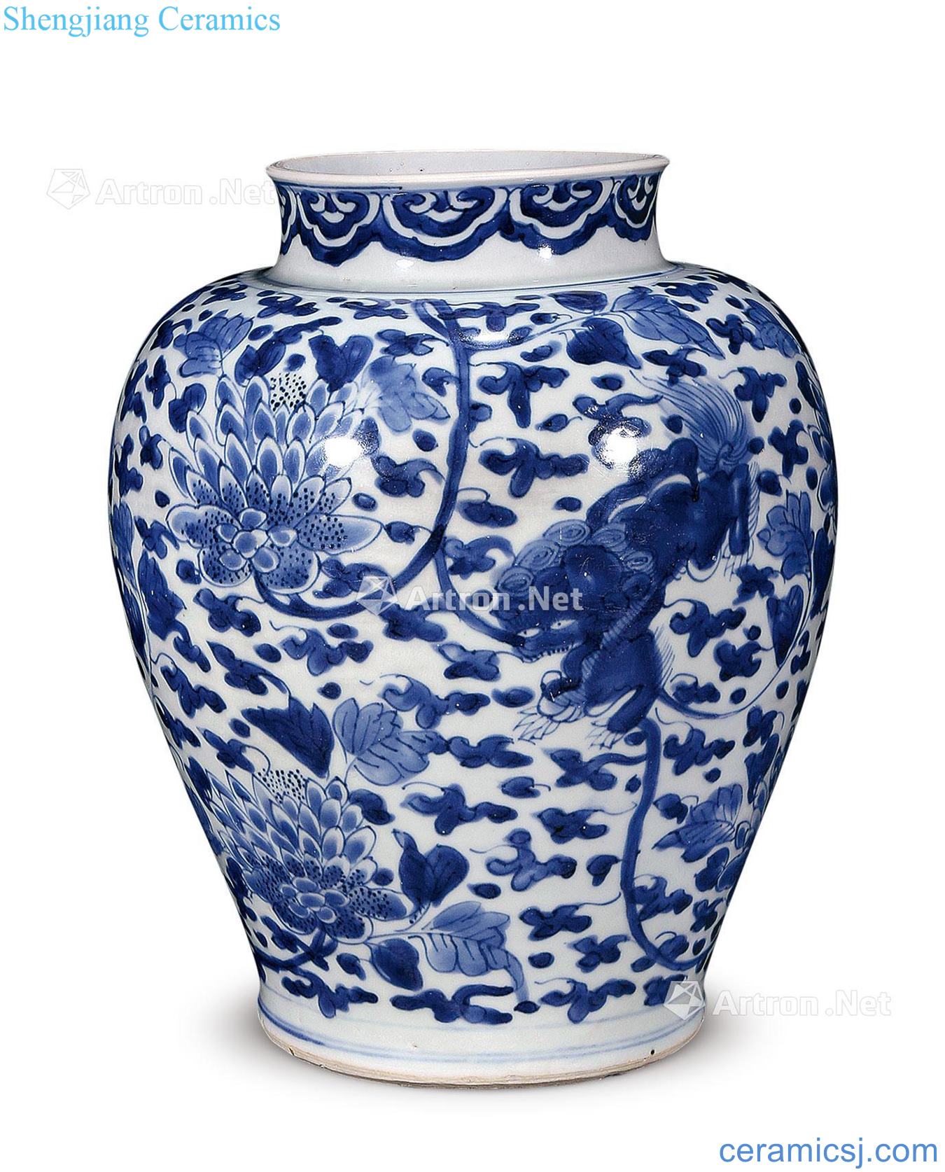 The qing emperor kangxi Blue and white lion wear pattern cans