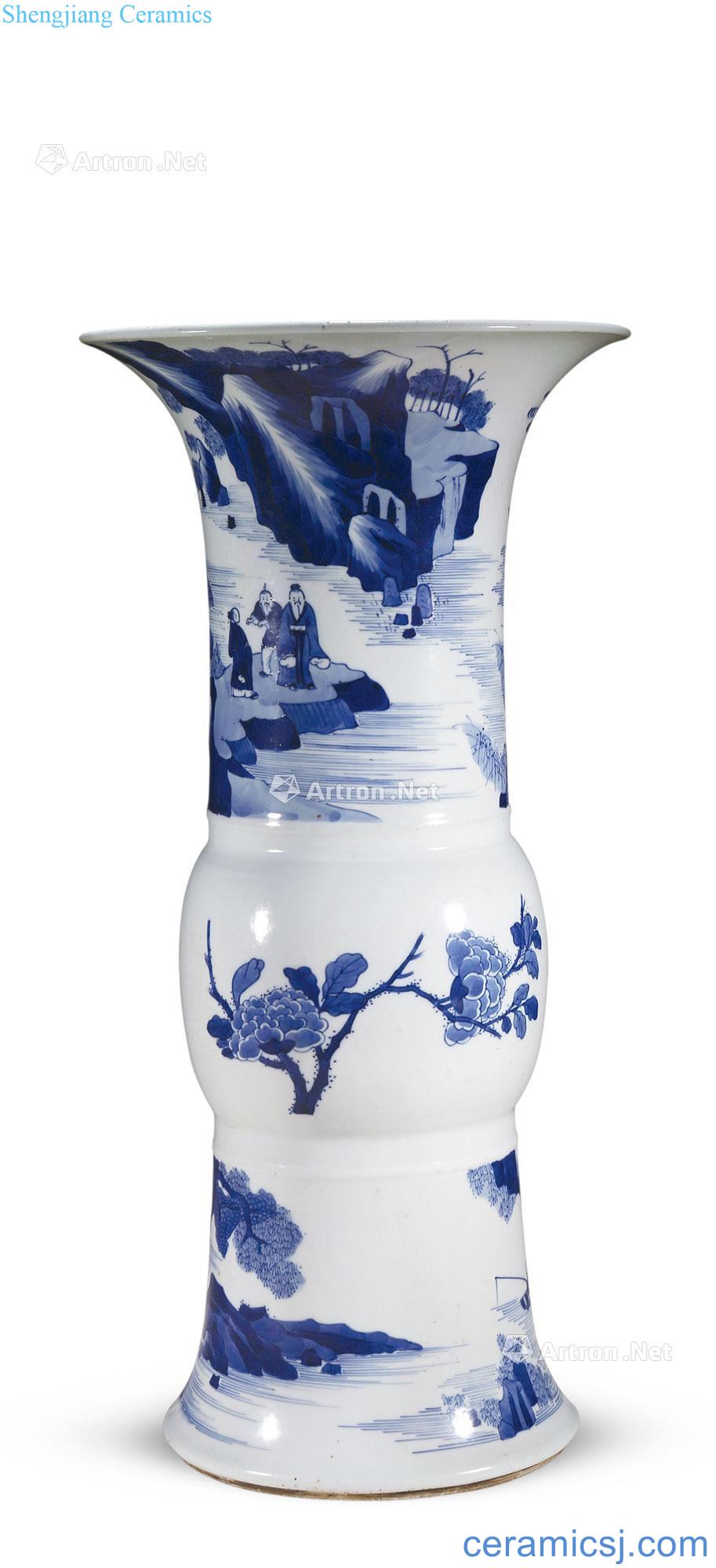 qing Blue and white flower vase with landscape characters