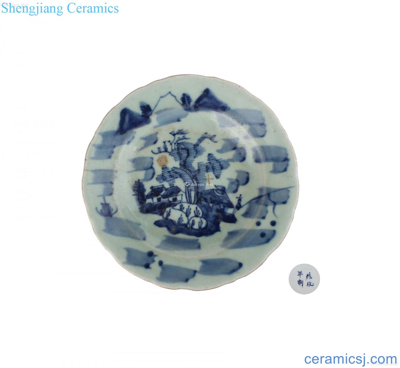 Pea green glaze blue and white landscape character lines kwai along the plate