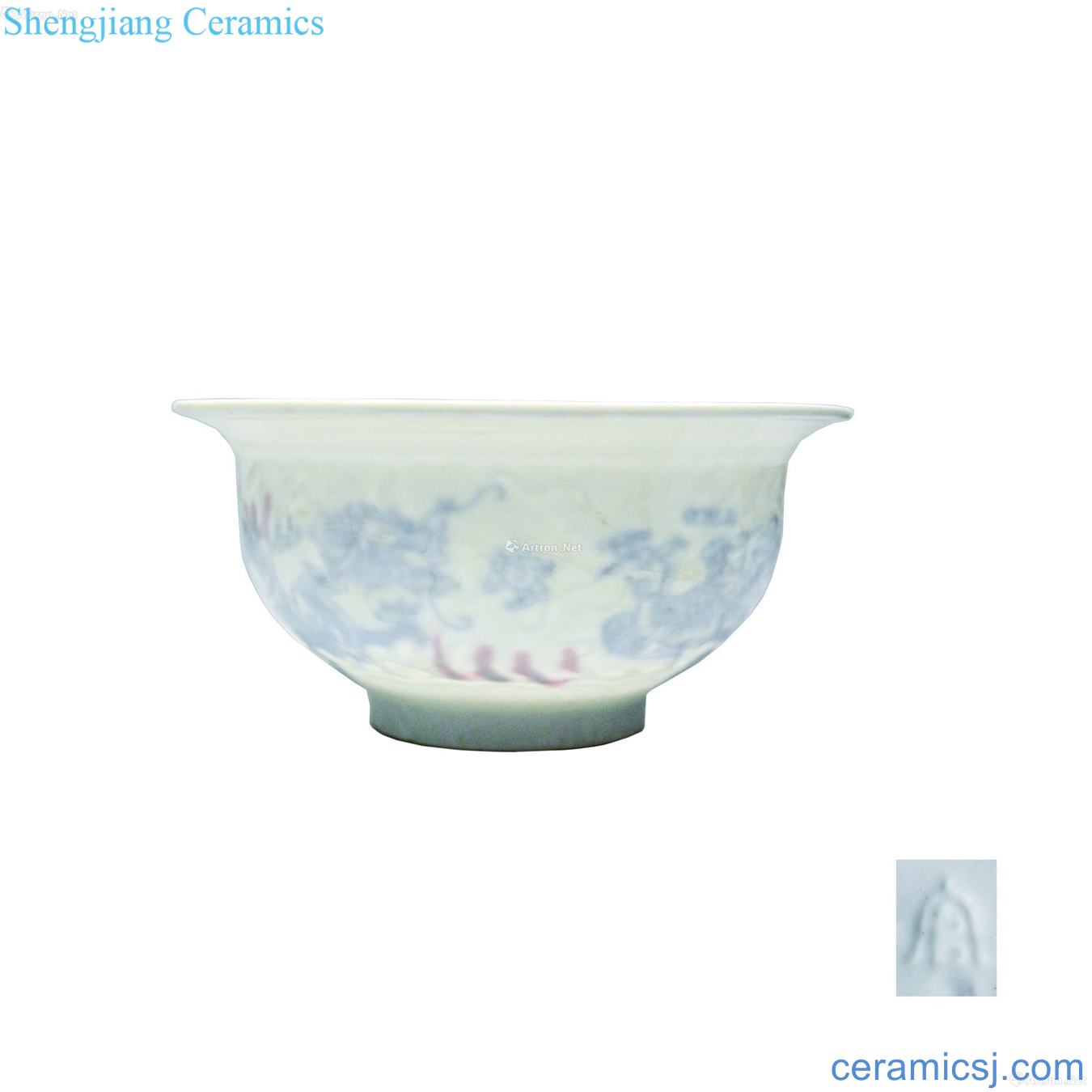 Government officer words within dark blue and white youligong longfeng engraved lines sweet white glazed bowl