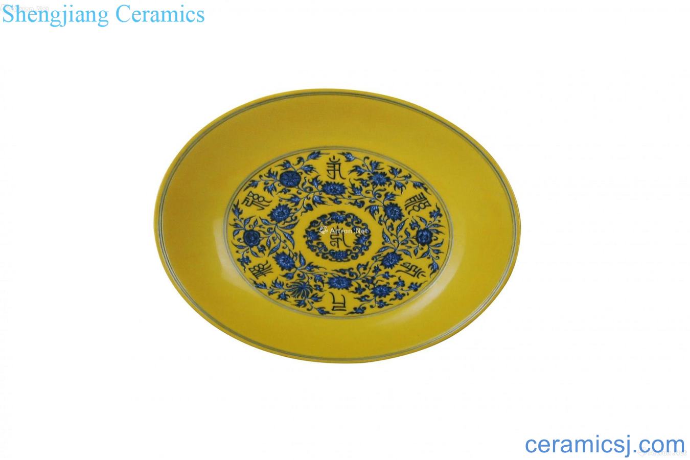 Yellow blue and white flowers Sanskrit plate