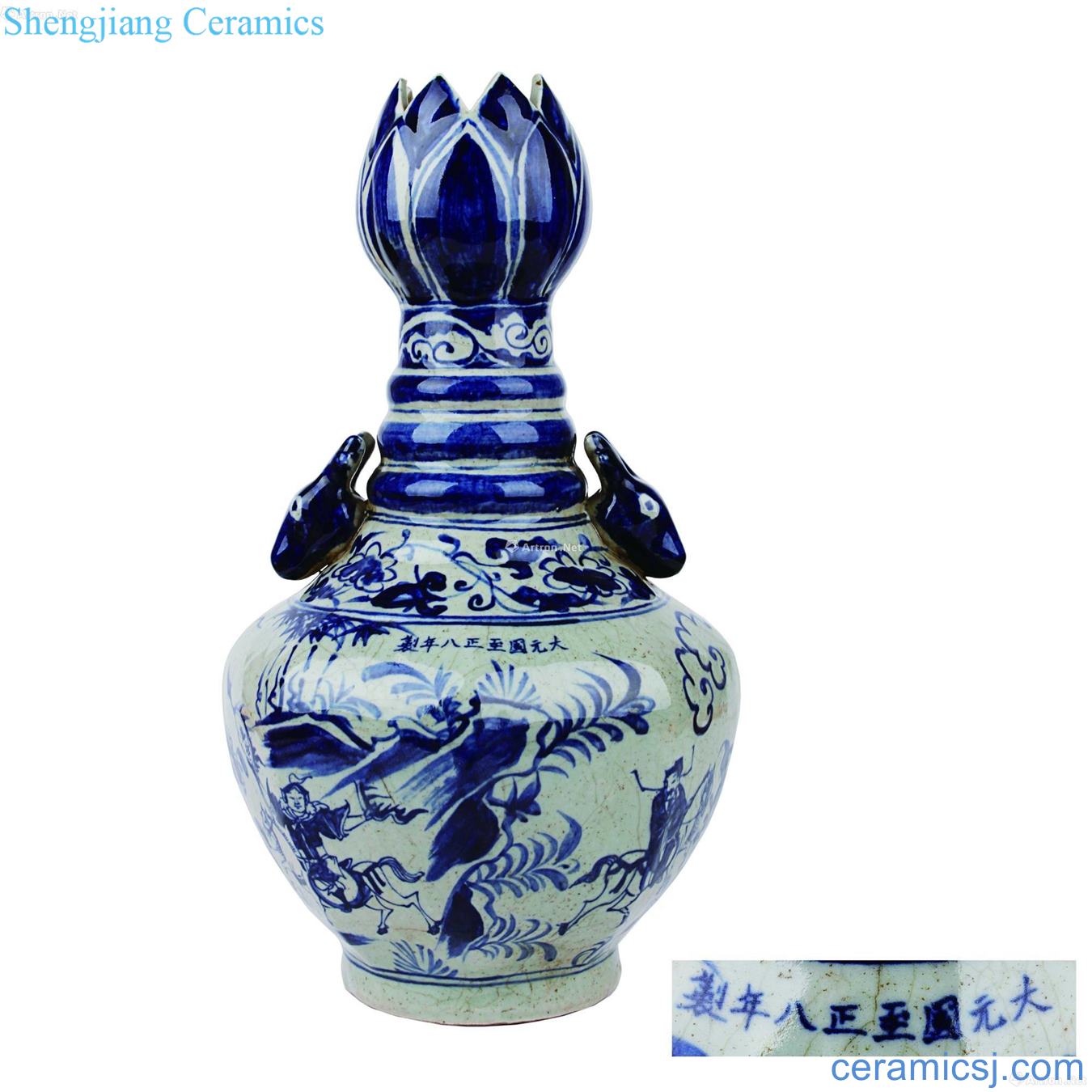 Blue and white guiguzi octagon flower bottle mouth