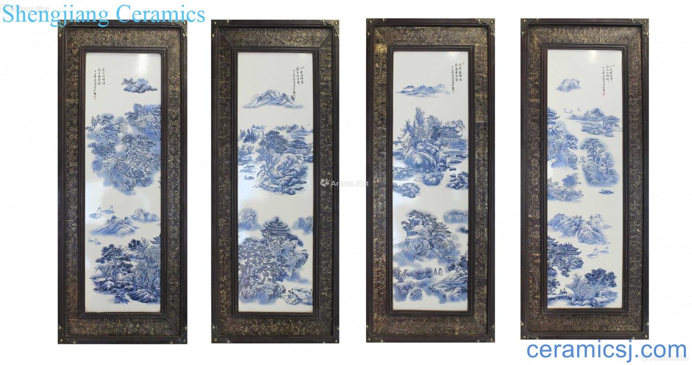 Blue and white porcelain plate painting landscape characters Wang Ye pavilion