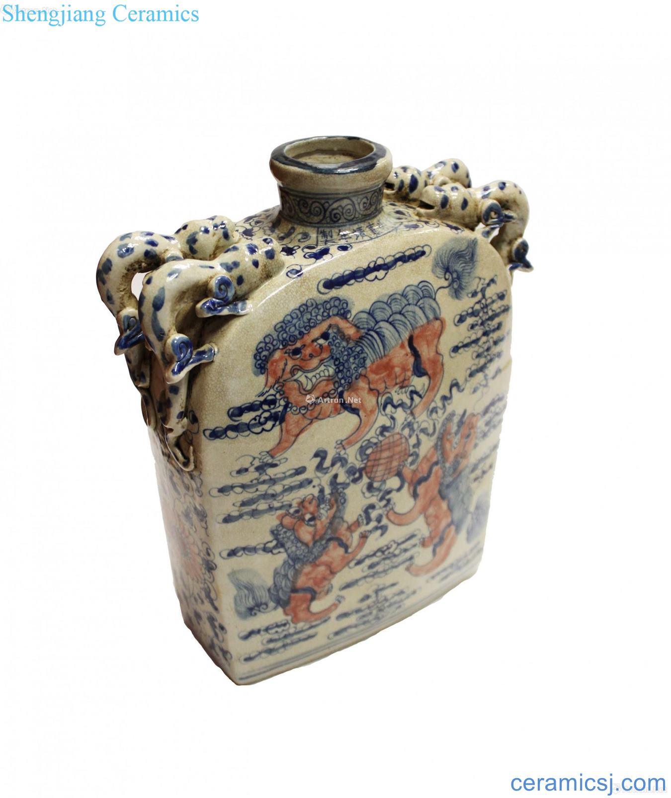 Blue and white youligong red lion ZiWen four flat bottles