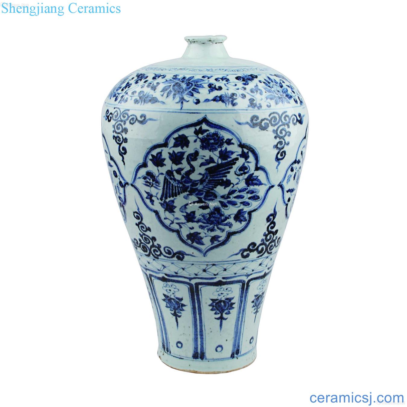 Blue and white medallion double phoenix yuanyang mei bottles