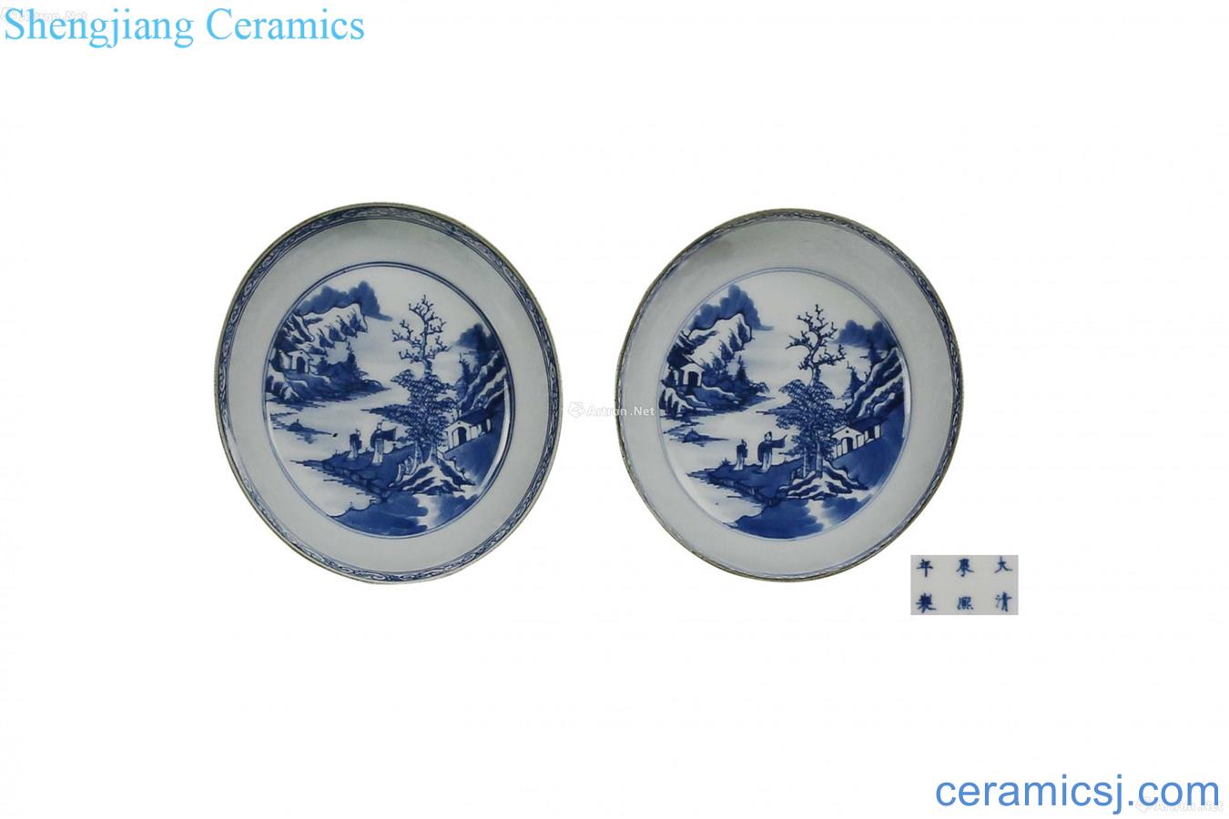 A pair of blue and white sauce mouth landscape Gao Shitu pier bowl