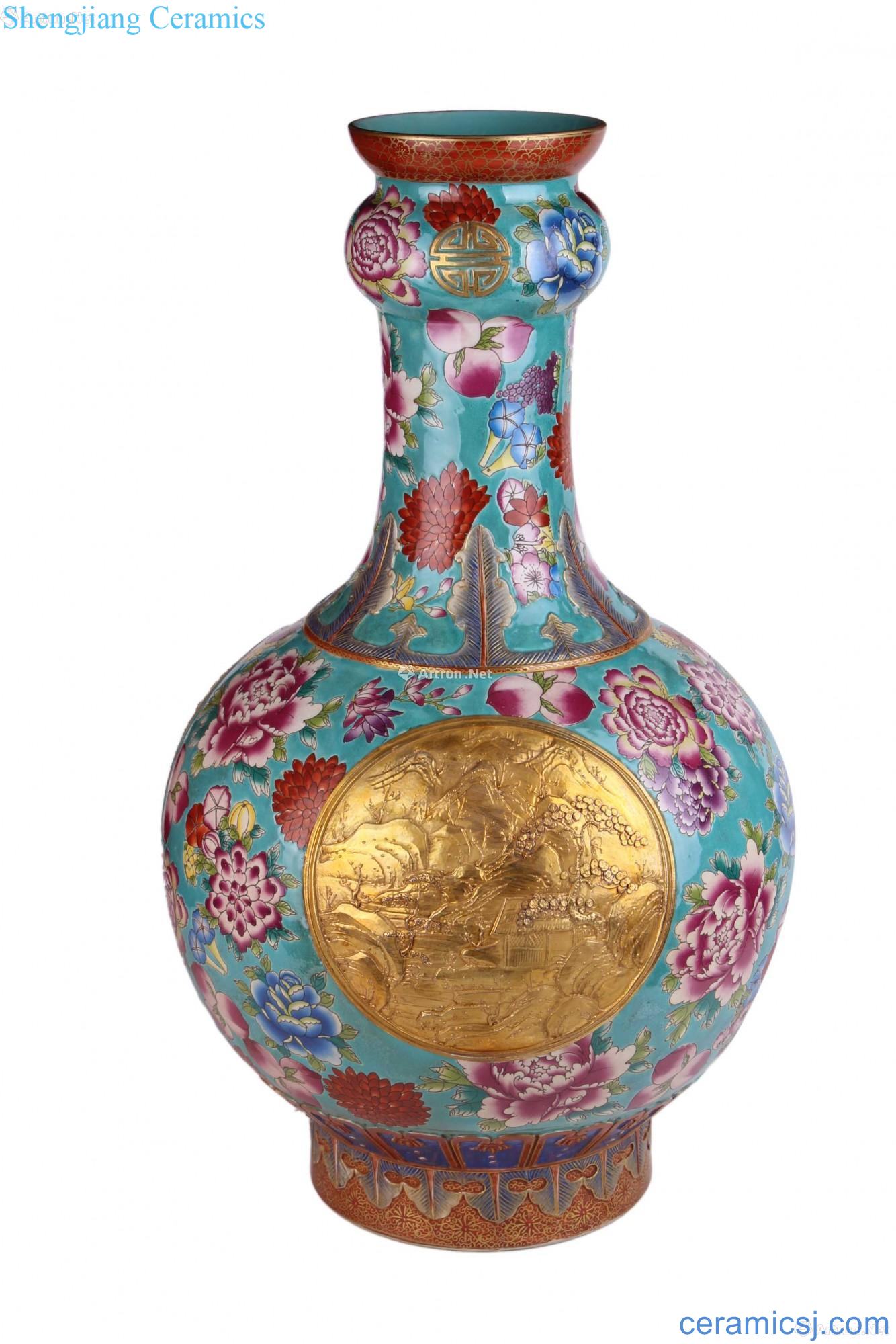 Turquoise glazed colour landscape figure bottles of garlic powder with medallion relief