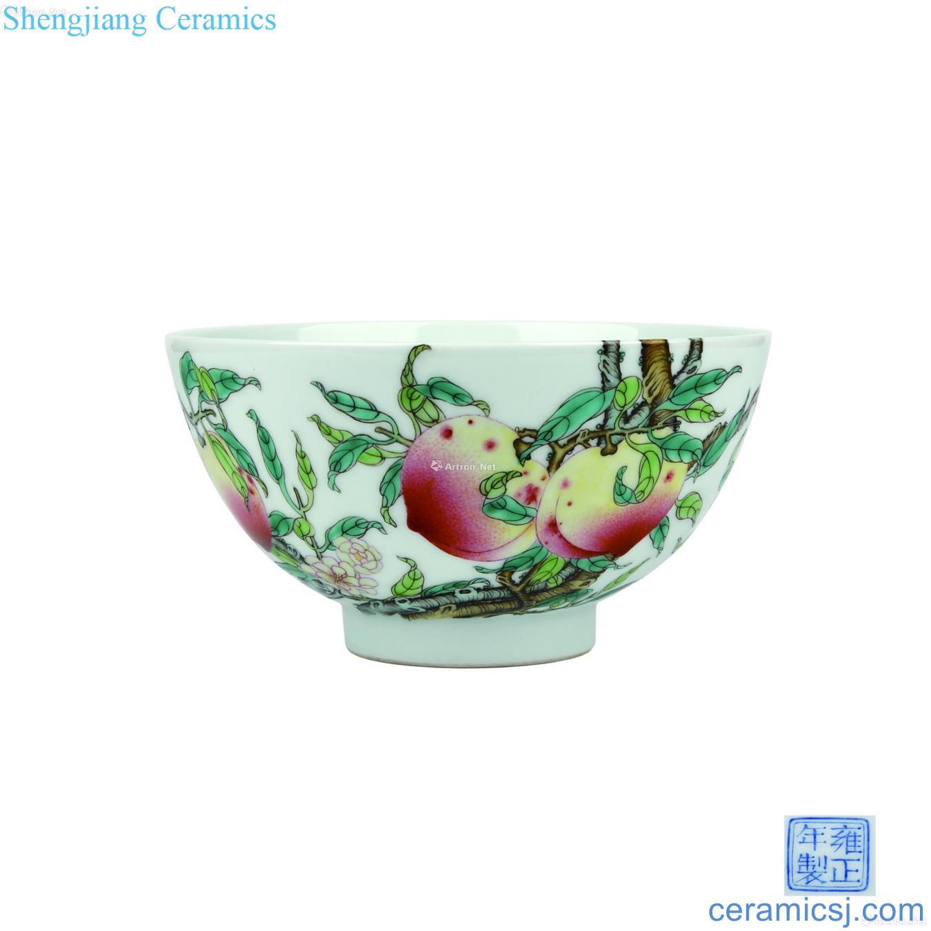 Nine peach colored enamel bowls