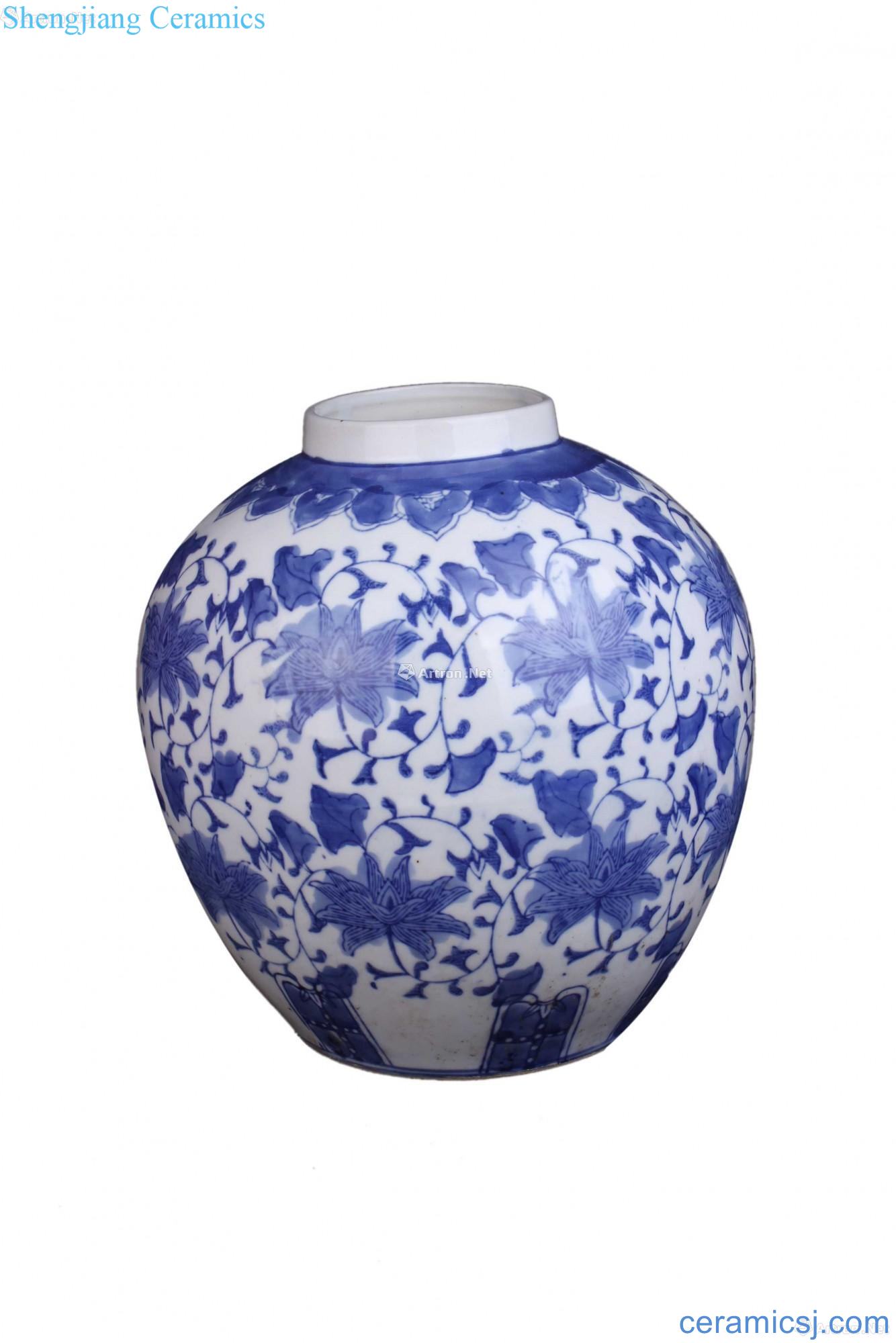 Blue and white tie up flower grain tank