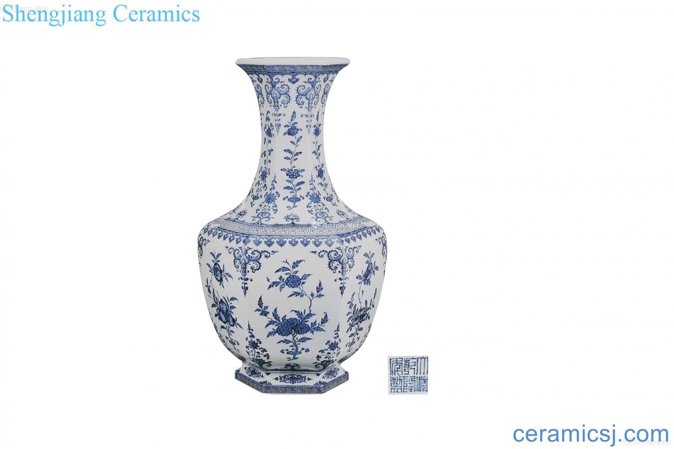 Blue and white ruffled branch flowers and grain vase