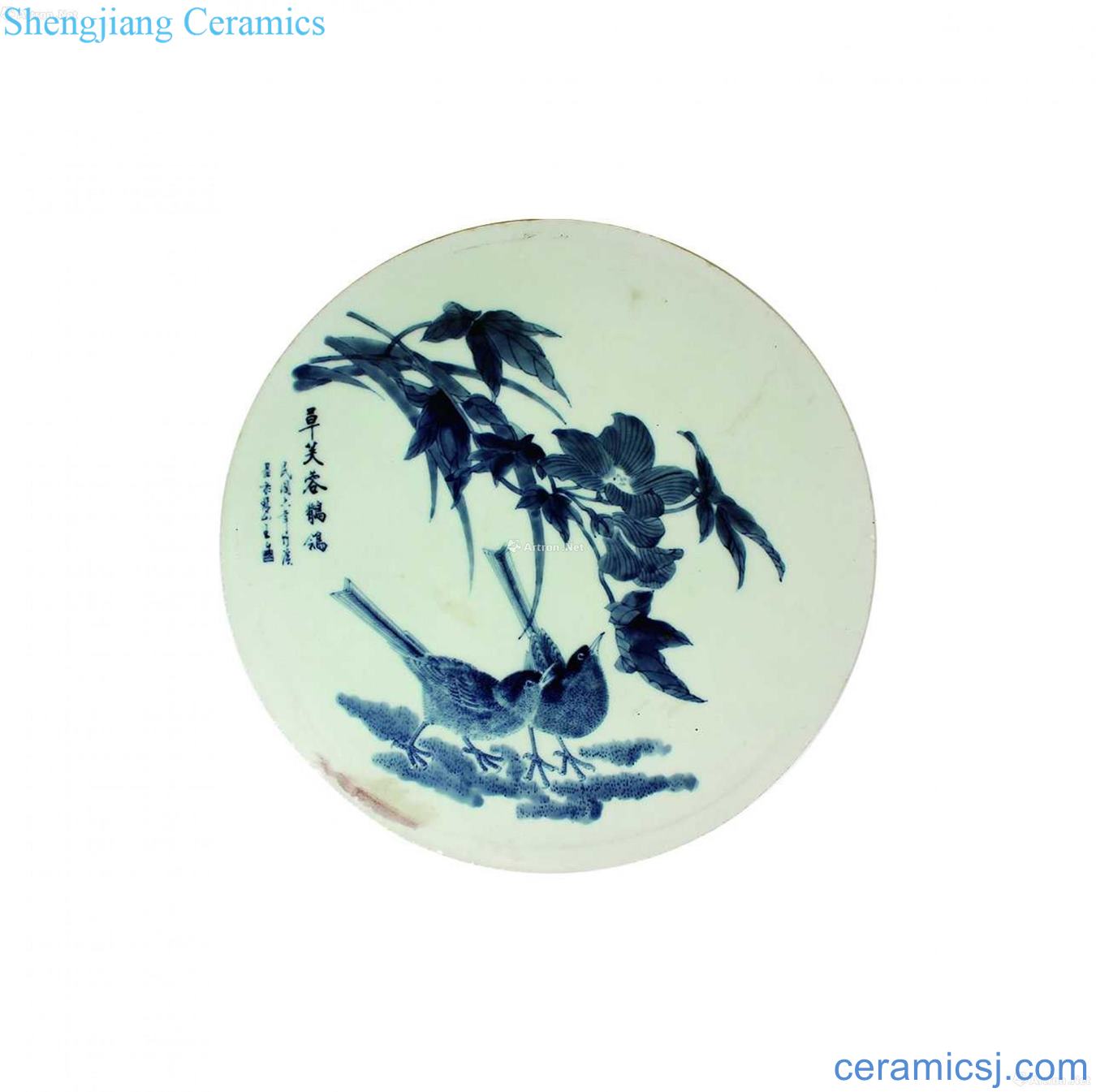 Blue and white flowers double finch figure porcelain plate painting