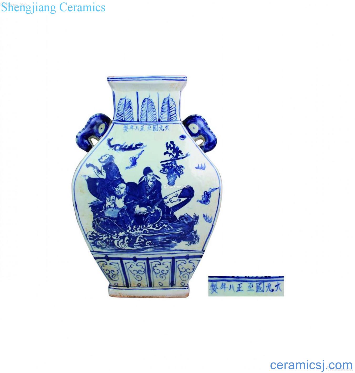 Blue and white figure double elephant square flat bottle the eight immortals