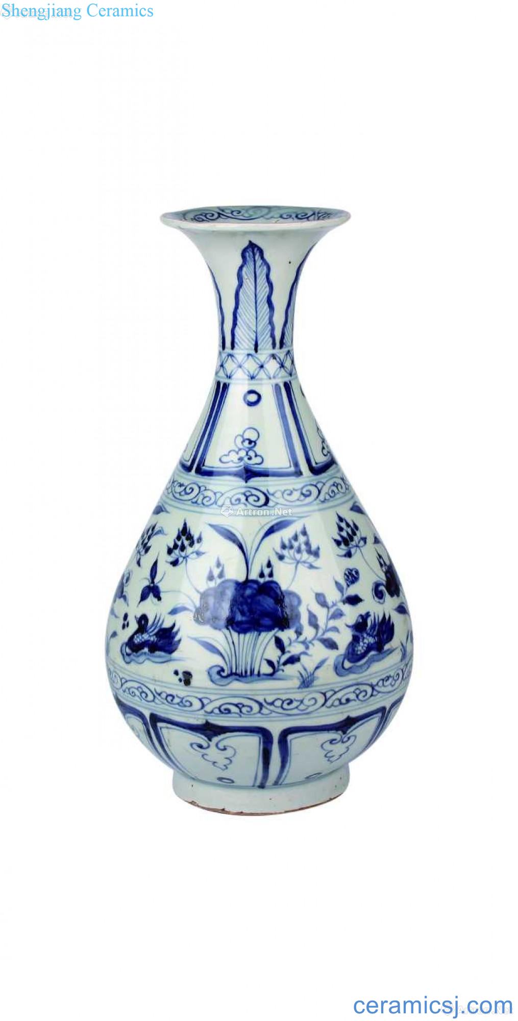 Blue and white lotus pond yuanyang grain okho spring bottle