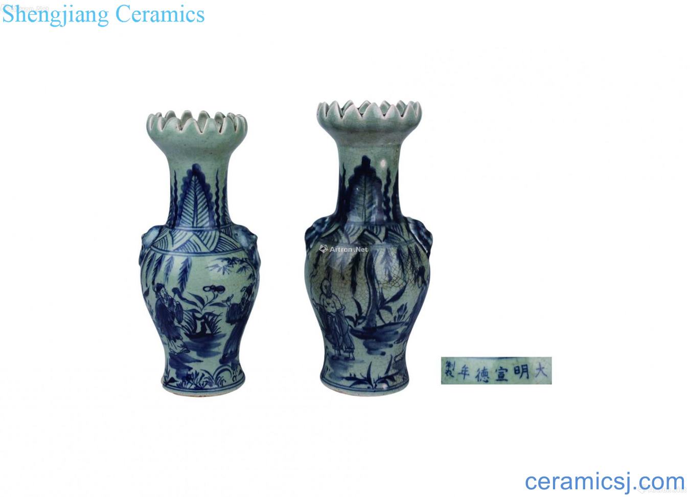 Blue and white flowers anaglyph bit ring bottle mouth the eight immortals characters