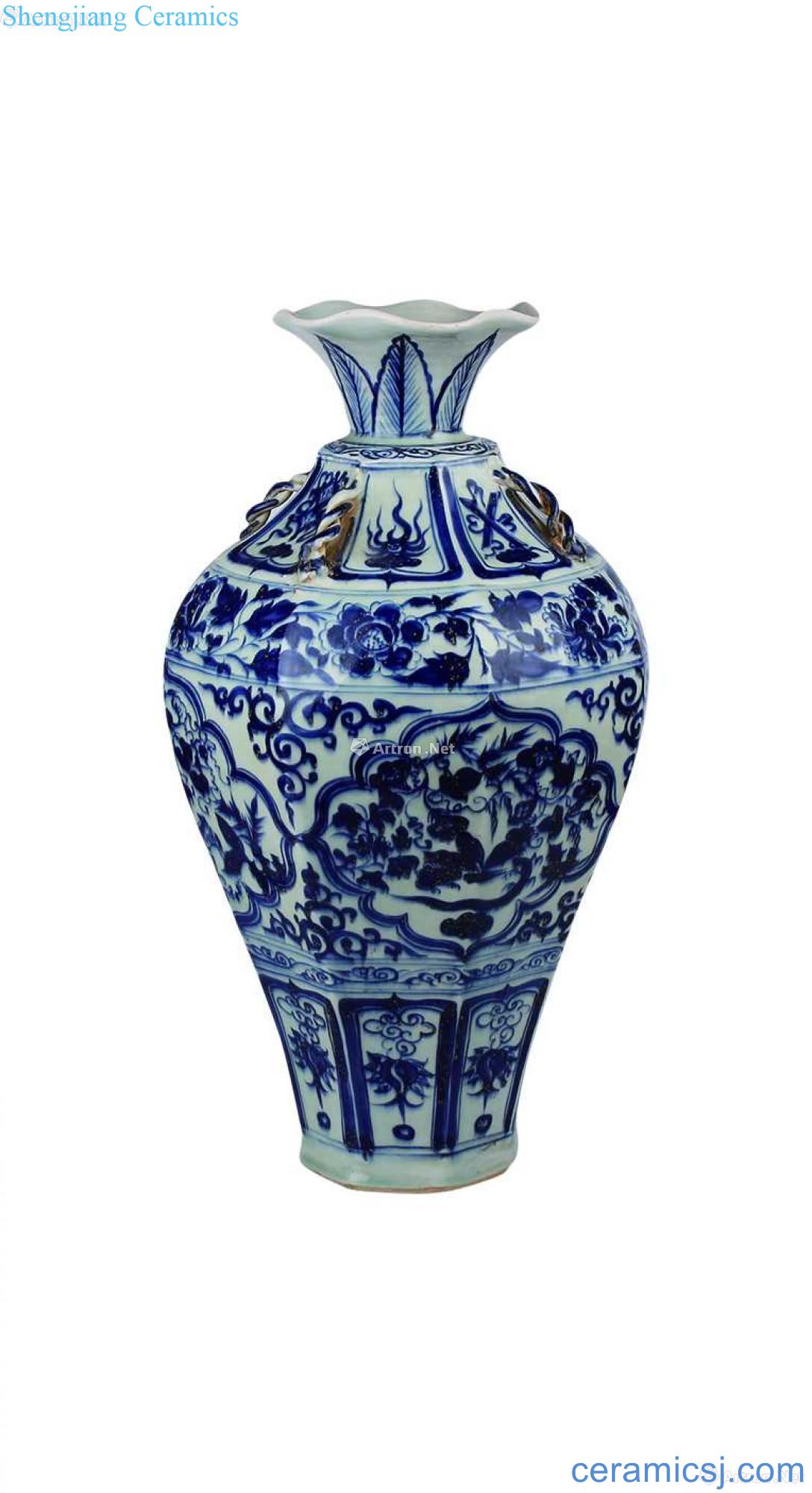 Blue and white medallion four flowers flower bottle mouth