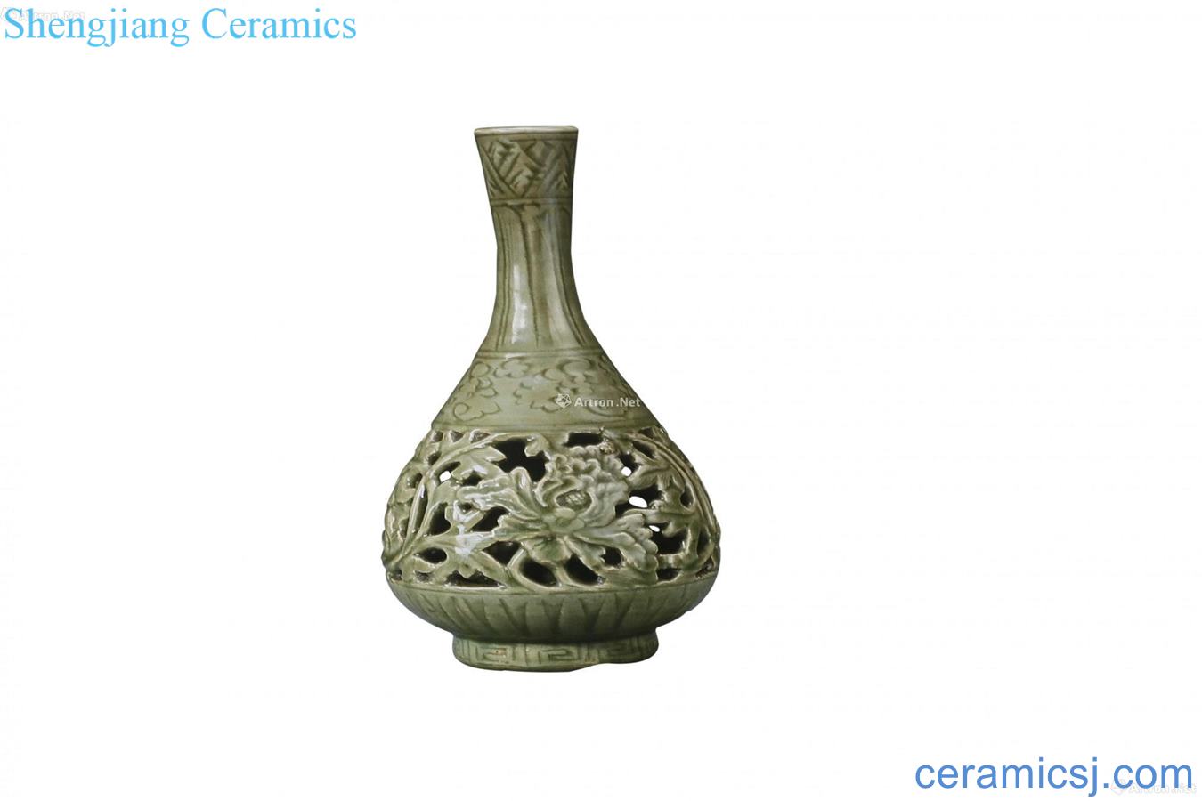 Longquan celadon celadon hollow-out the peony lines set of bottle