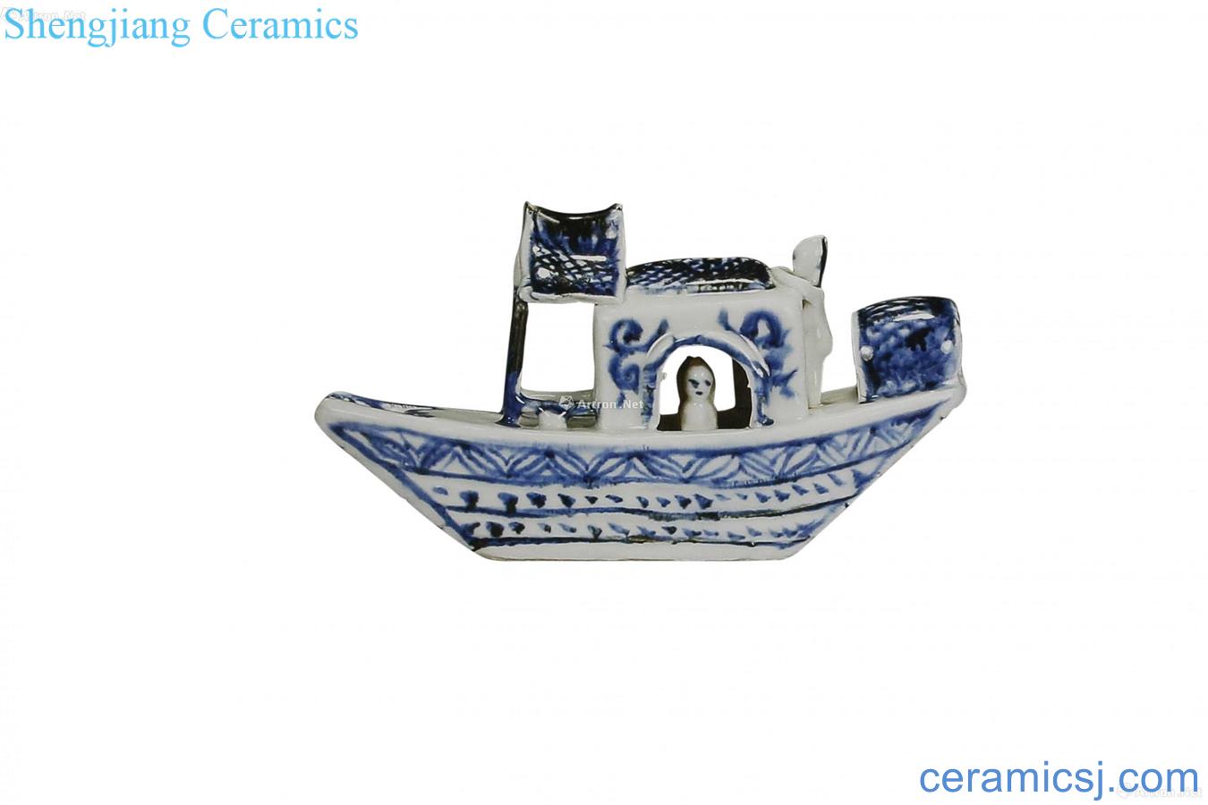 Blue and white boat form water droplets