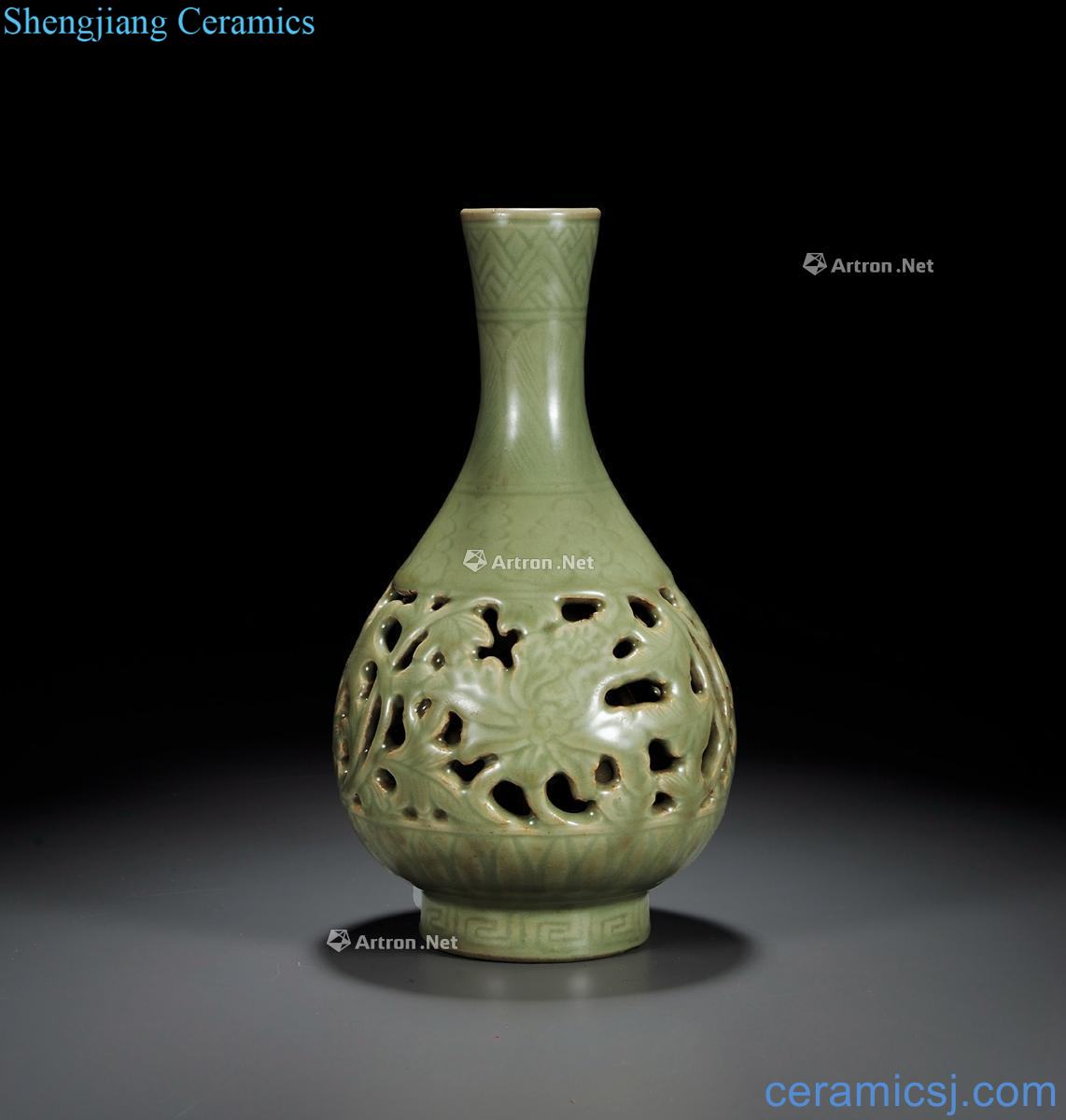 In Ming dynasty, longquan celadon hollow-out valuable.such handiwork peony lines bottle