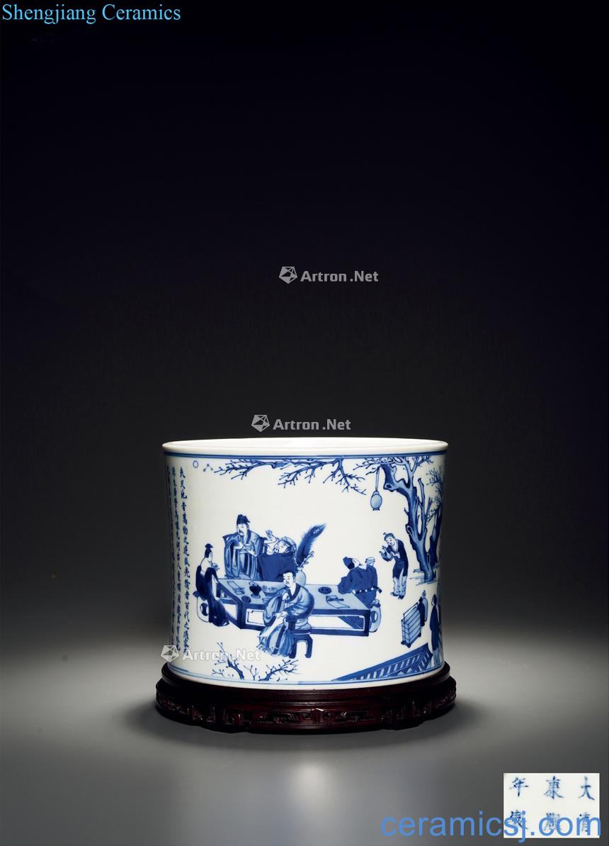 The qing emperor kangxi porcelain "spring peach garden banquet" poetry brush pot