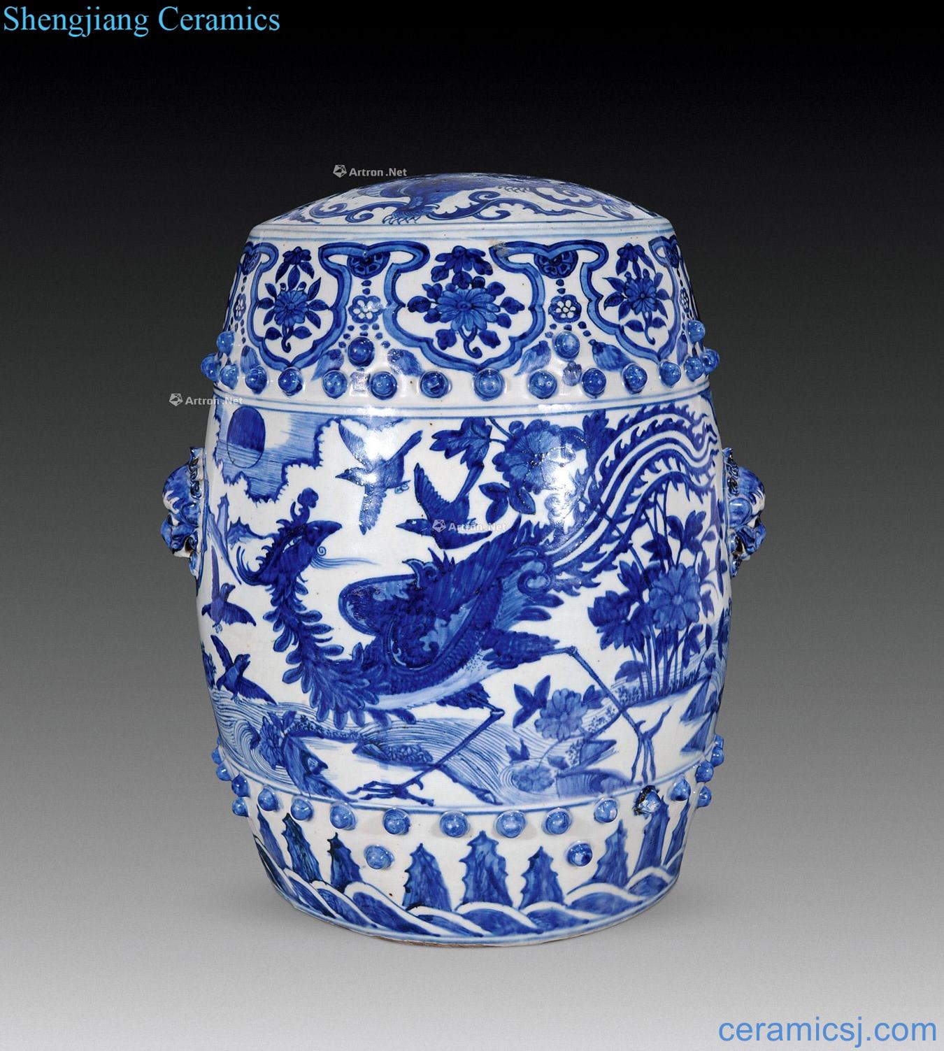 Ming jiajing Blue and white phoenix double lion drum pier