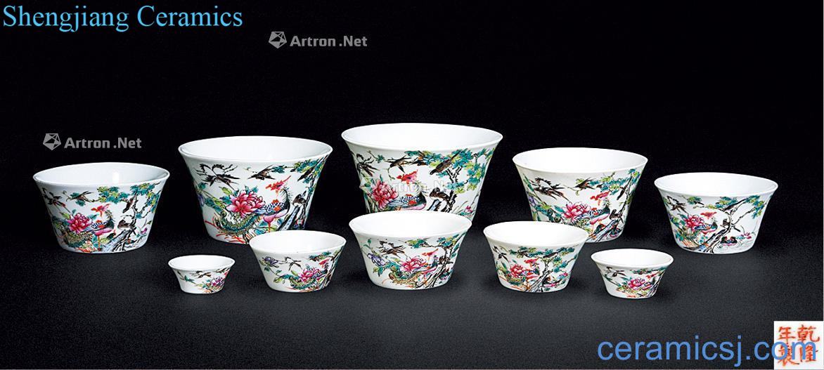 Clear pastel painting birds pay homage to the king wen set of cup (a set of ten)