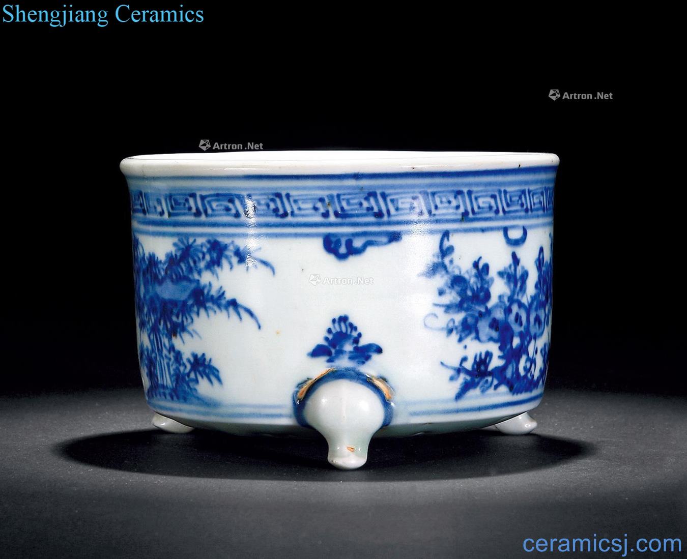 Ming Blue and white shochiku furnace with three legs