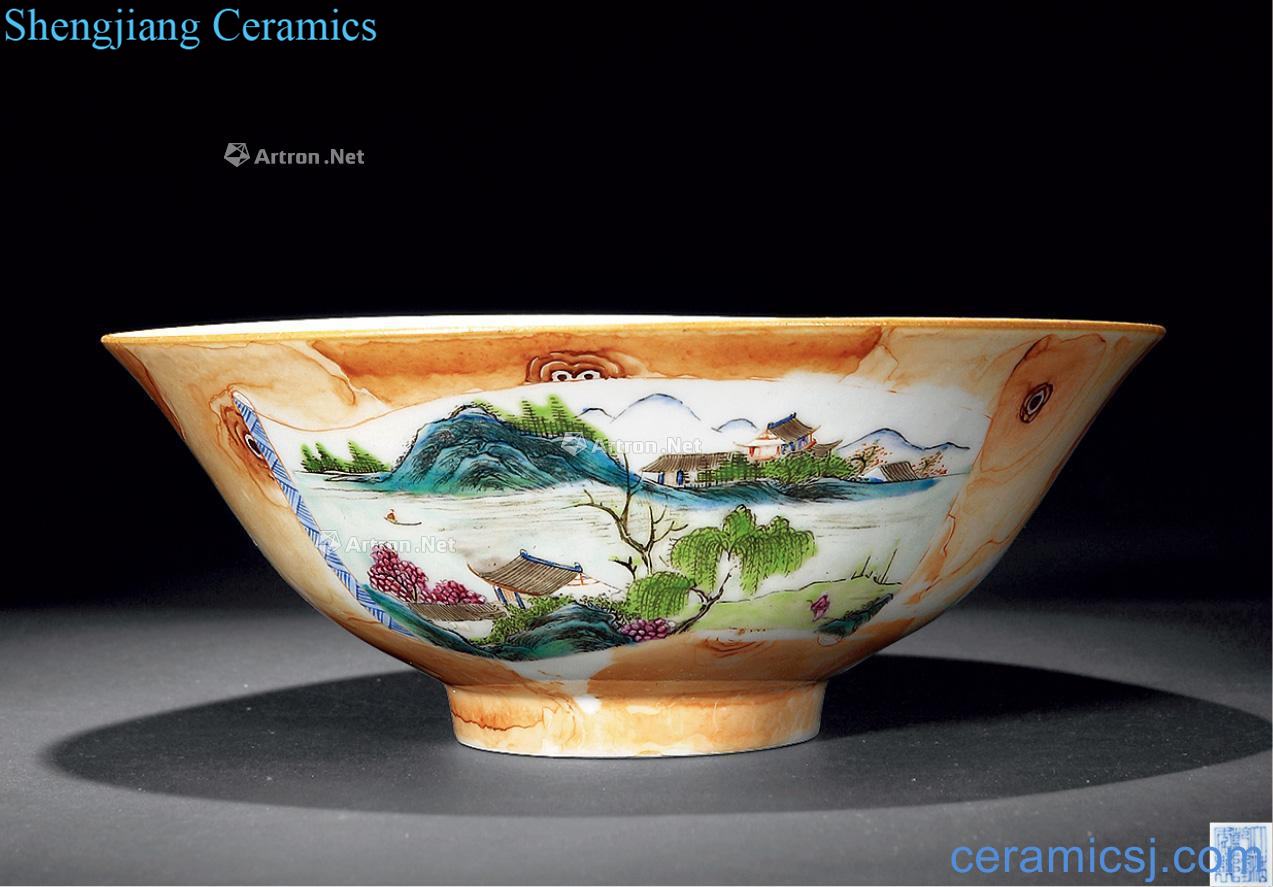 Qing imitation wood grain glaze medallion landscape character figure large bowl